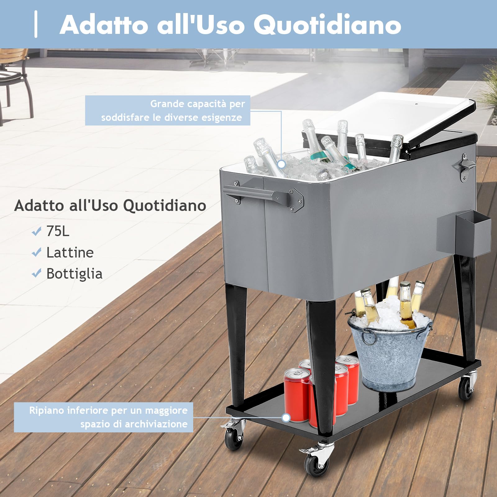 Carrello Portabevande GYMAX 76L z Ruotami, Przenośny, Utrzymuje Ciepło i Zimno, 91x48x87cm