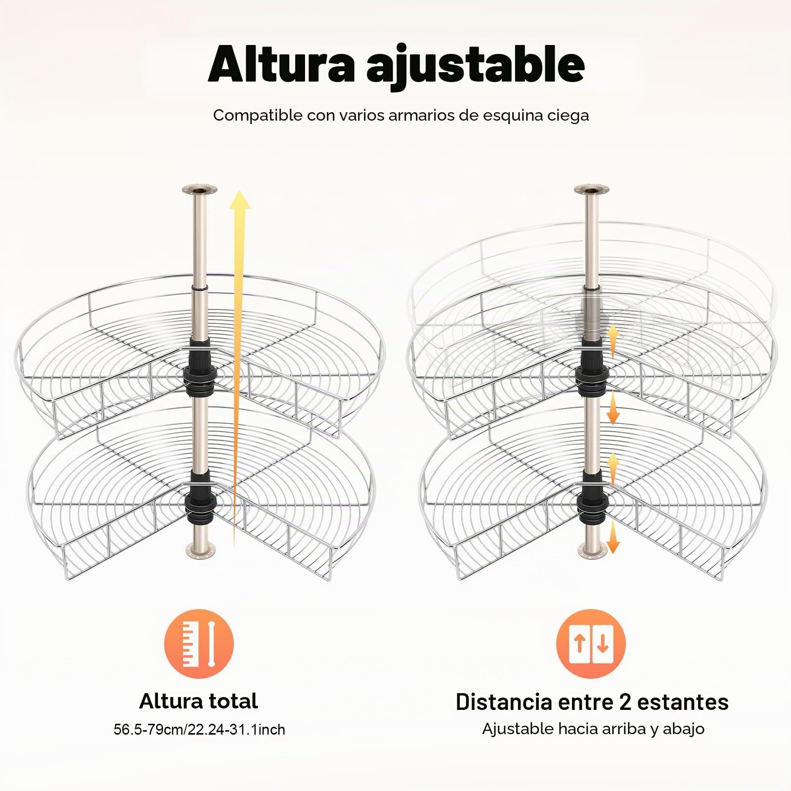 Organizador de armario de esquina, giratorio 270°, altura regulable (54,4-77 cm), plata, hierro, 2 niveles, redondo, 71 cm de diámetro, capacidad de carga de 8 kg por cesta
