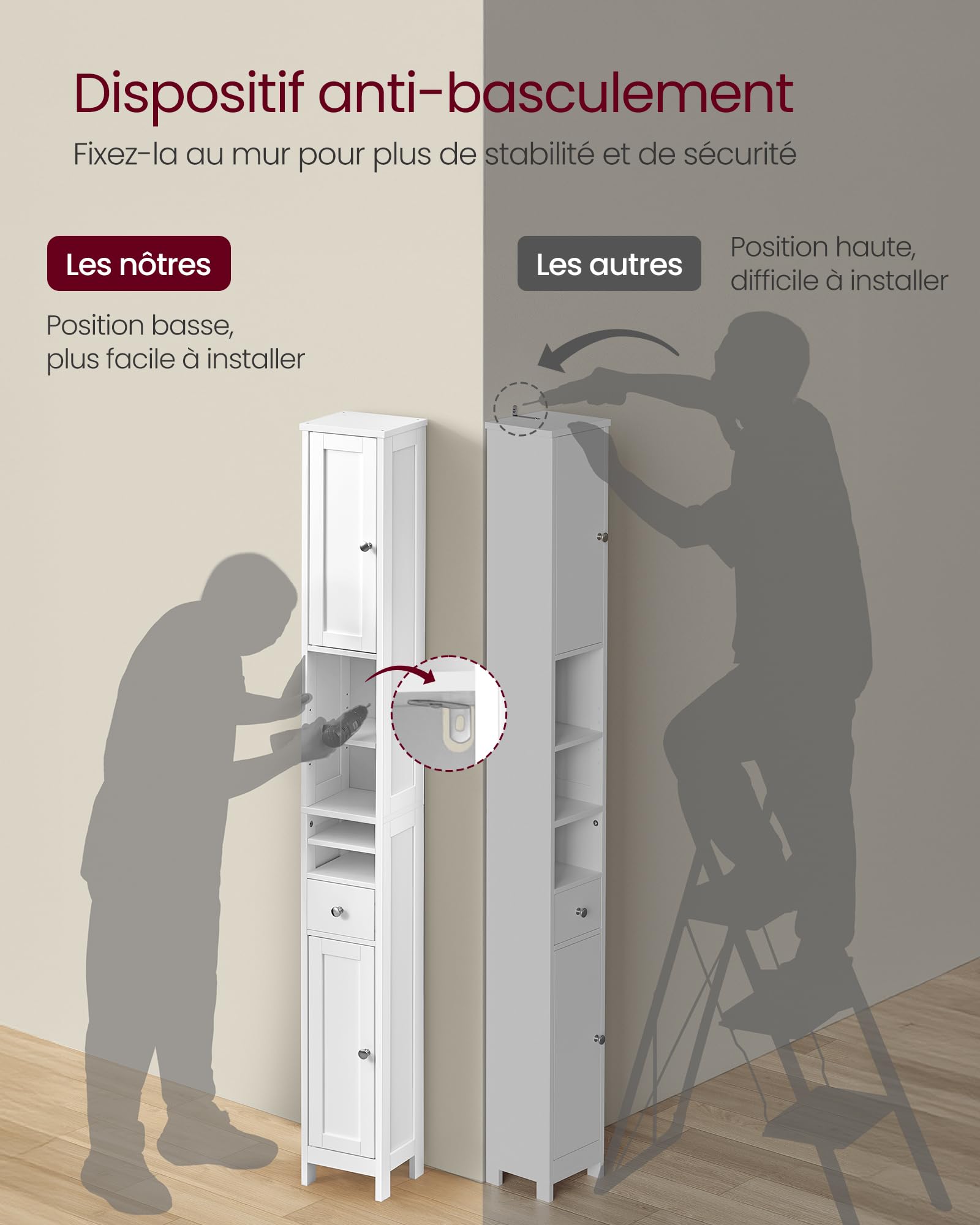 VASAGLE Colonne Salle de Bain Haute, Meuble Salle de Bain Etroit, avec Étagères Réglables, Tiroir, Compartiments Ouverts, pour Les Petits Espaces, Moderne, Blanc Nuage BBC765W01