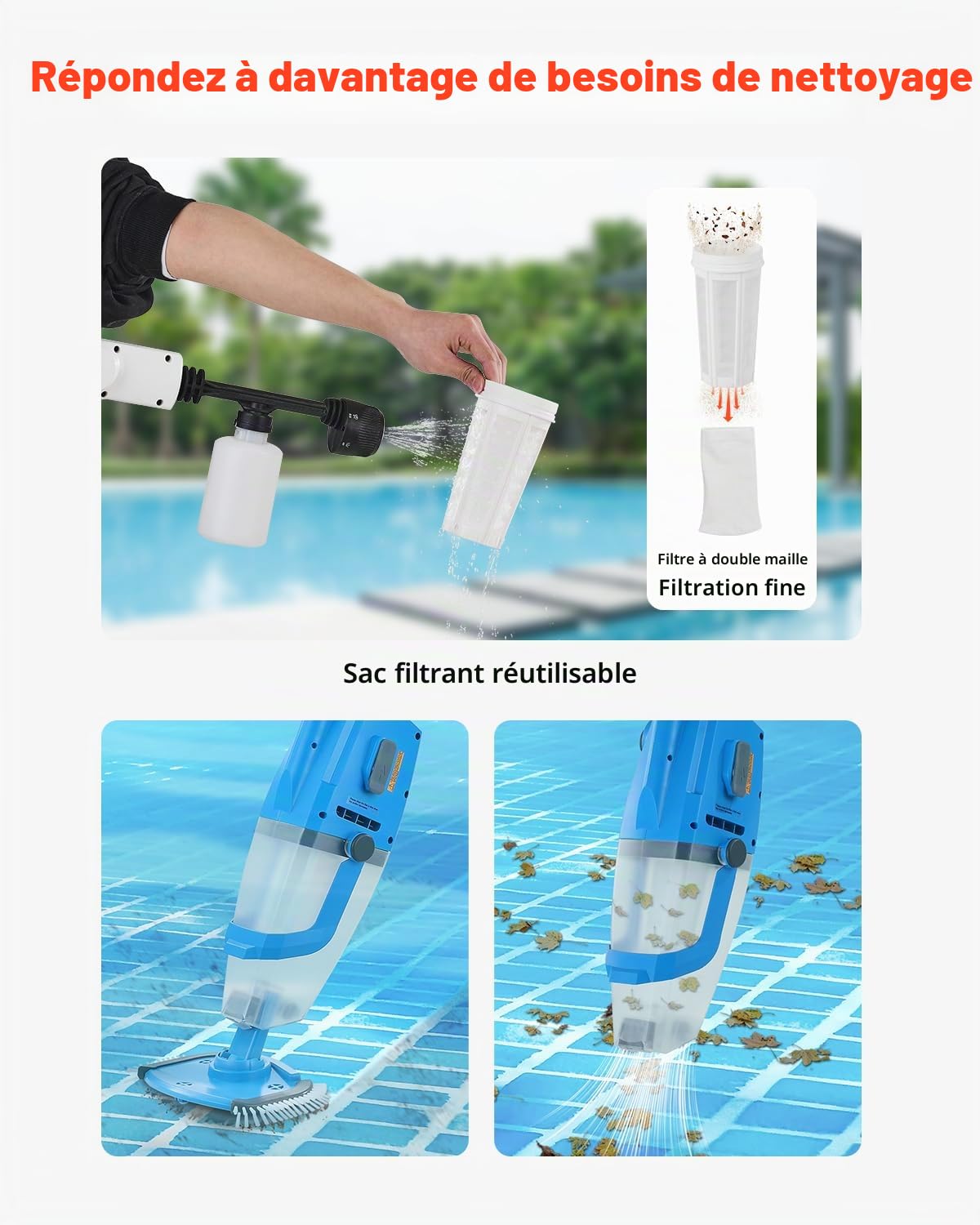 VEVOR Aspirateur de Piscine, 100 L/Min, Nettoyeur Manuel sans Fil avec rallonges, Nettoyage en Profondeur et Aspiration puissante, Rechargeable, 1 Heure d'autonomie, pour Piscine Hors Sol et creusée
