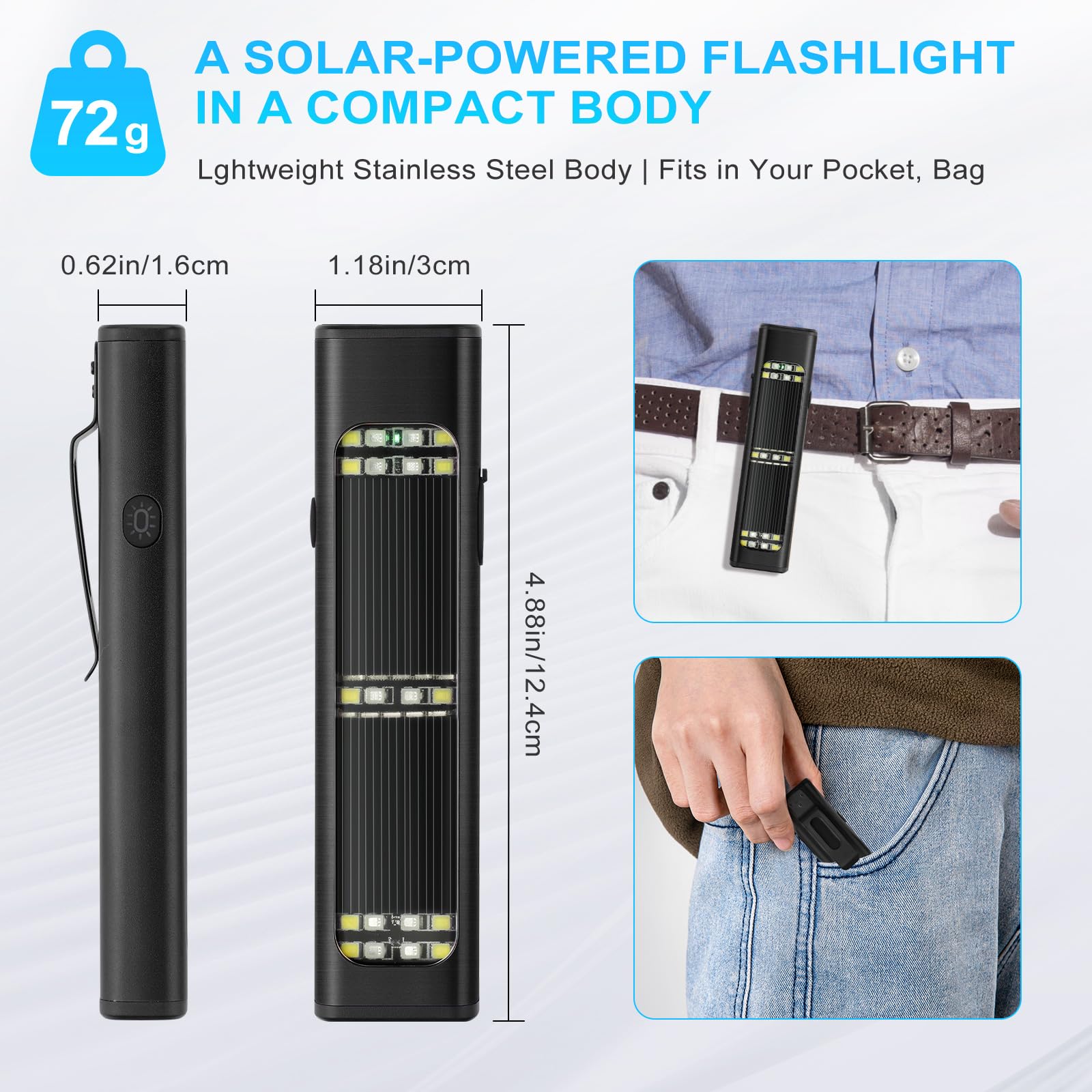 Linternas planas solares/recargables, linterna táctica EDC de 900 lúmenes, linterna pequeña LED multifunción, 7 modos IP65 impermeable para el hogar, campamento y uso de emergencia (negro)