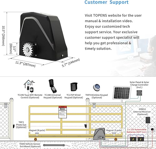 Miniatura 6 de TOPENS DKR1100ST - Abridor de puerta corrediza solar con motor automático para puertas deslizantes pesadas de hasta 2600 libras, operador de puerta