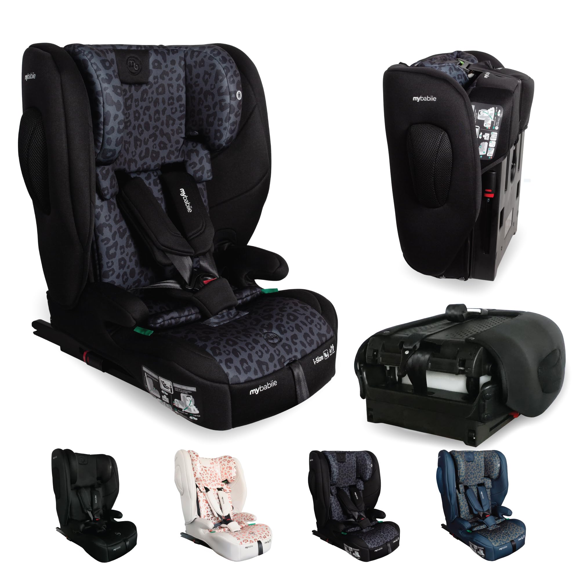 My Babiie MBCS80 Foldable Toddler to Booster R129 Child Car Seat - ISOFIX with Top Tether, Harness, 76-150cm (Approx. 9-36kg, 15 Months - 12 Years), i-Size, Group 1/2/3, Forward Facing - Black Leo