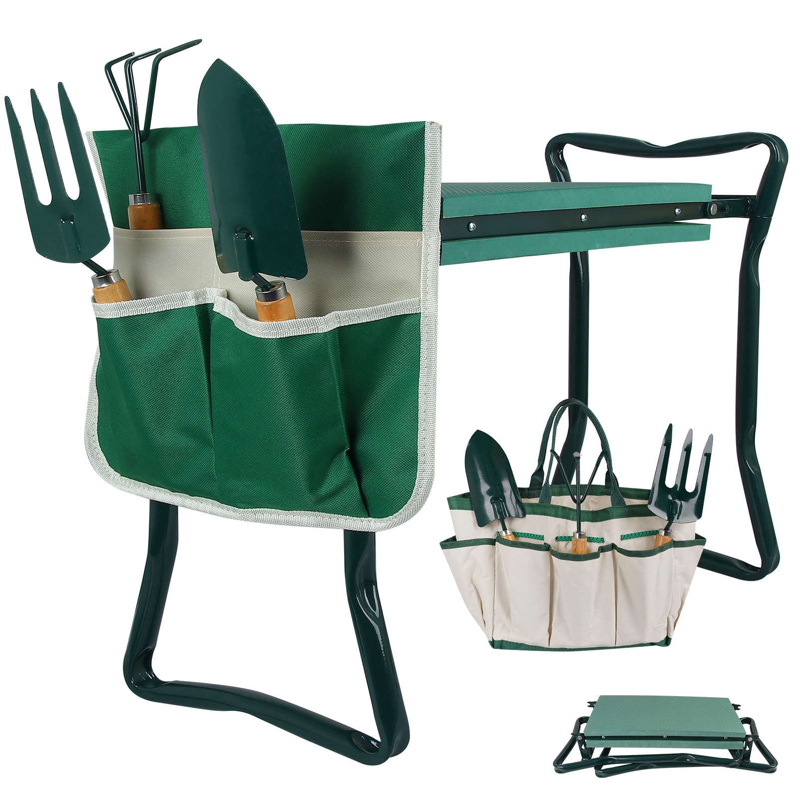 Wodesid Garden Kneeler and Seat Bench Foldable Stools with Tool Pouches and Storage Bag, EVA Foam Pad Protects Your Knees Outdoor Portable Kneeler for Gardening 330 lb Large Loading Capacity