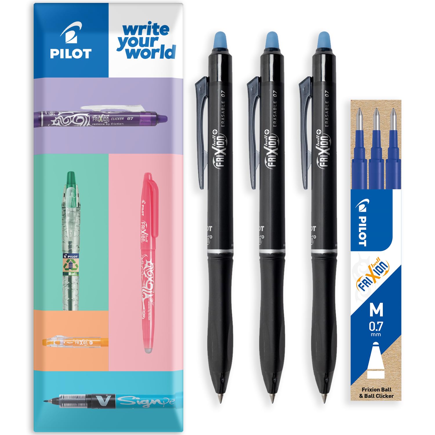PILOT Frixion Ball Plus Erasable Rollerball Pen + Refills - 0.7mm Medium Tip - Thermosensitive Ink Clean Erasing for Office School – Envelope Gift Packaging - Pack of 3 Pens + 3 Refills (Blue)