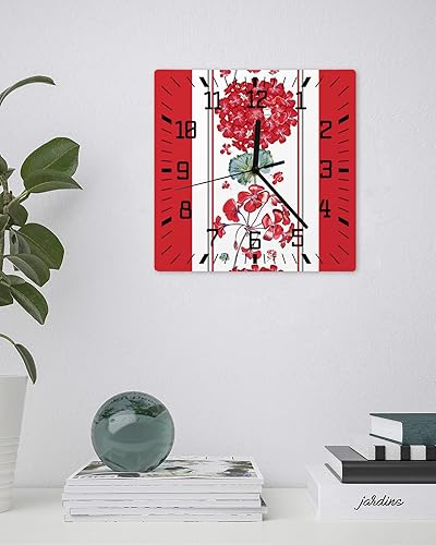 Miniatura 3 de Red Flower Wooden Wall Clock Silent Non Ticking, Spring Summer Floral Rustic Botanical Square Wall Clock Battery Operated, Decor Clock for Home