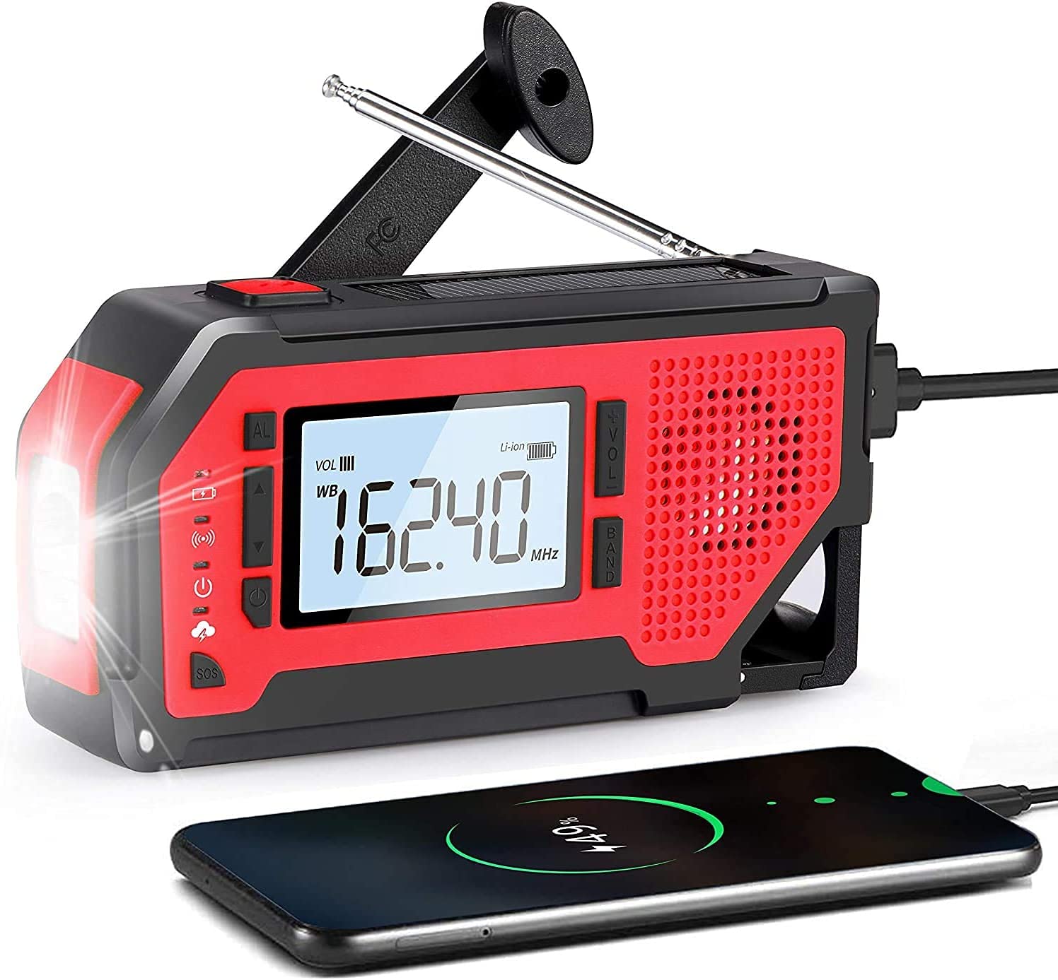 AONCO Wind Up Solar Radio, Emergency Hand Crank Radio with Phone Charger Portable Weather Radio AM/FM Flashlight SOS Alarm Headphone Jack Large LCD Display for Outdoor Camping Survival