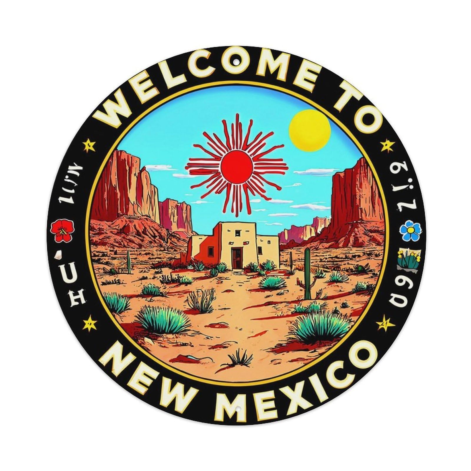 Welcome To New Mexico Vintage Round Tin Sign Retro Metal Wall Decor Metal Poster, Home Bar Garage Cafe Wall Art Decoration 8x8Inches