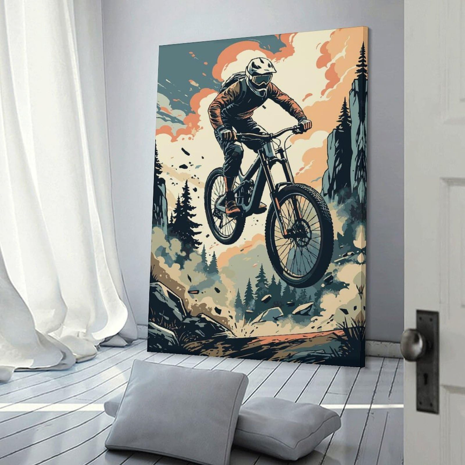 Junmoney Mountain Biker Jumping Off A Cliff Hanging Wall Art 24x36inch(60x90cm), for New Homes, Bedrooms Or Workspaces, Thoughtful Wall Decor for Art Lovers