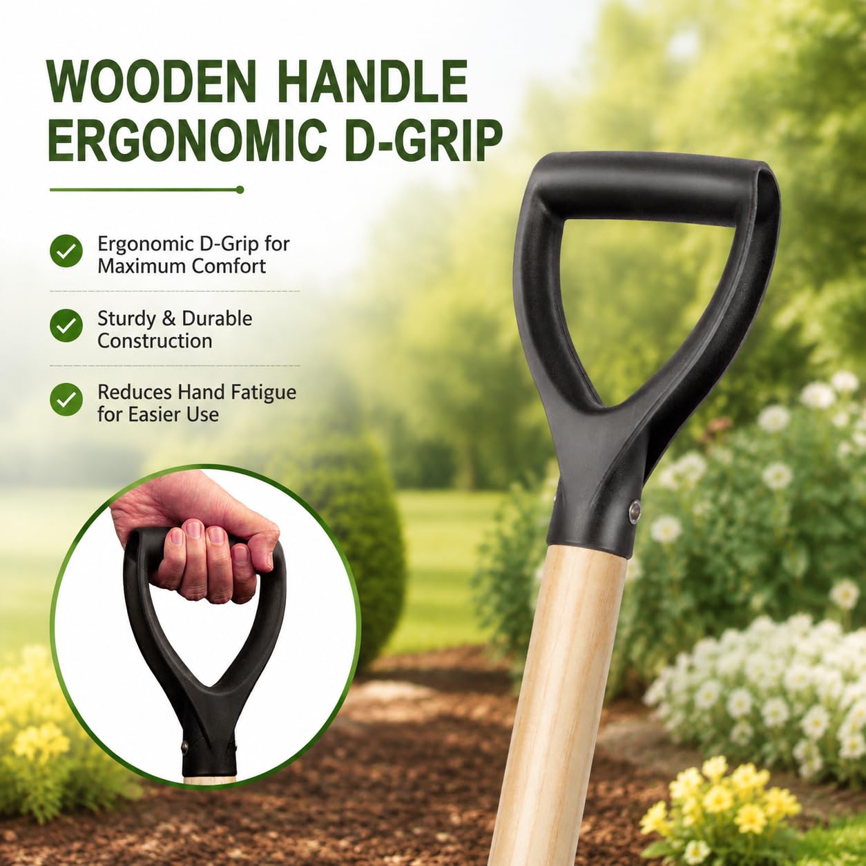 Pala para excavar, pala redonda, herramienta de jardín con mango en D, 41 pulgadas de longitud total, pala de madera para jardín, pala de playa, pala de nieve de coche