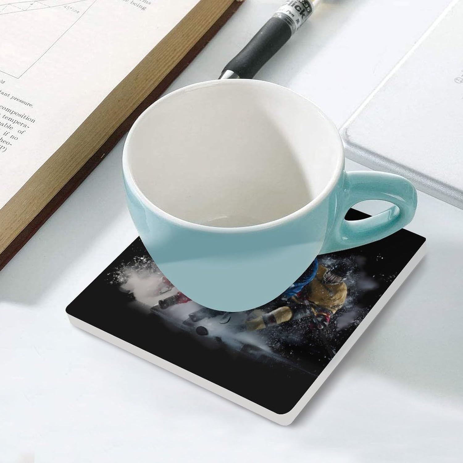 Winter Sports Hockey Player Coaster for Drinks Square Ceramic Table Coasters Stone Mat Crafts 6PCS Home Kitchen Decor