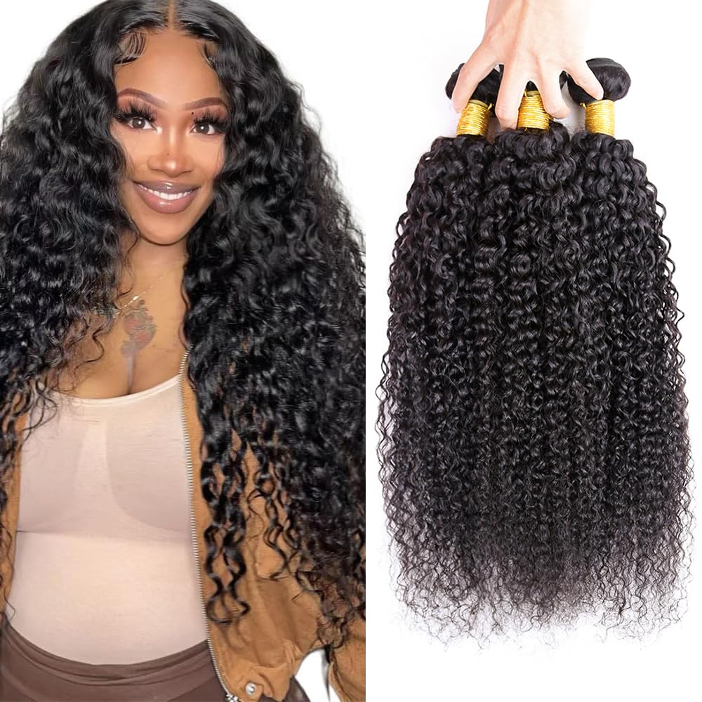 AiPliantfis Curly Wave #1b Black Human Hair Bundles Weave 3 Bundles Total 300g Unprocessed Glueless Virgin Natural Color Human Hair Extension 24 26 28 Inch