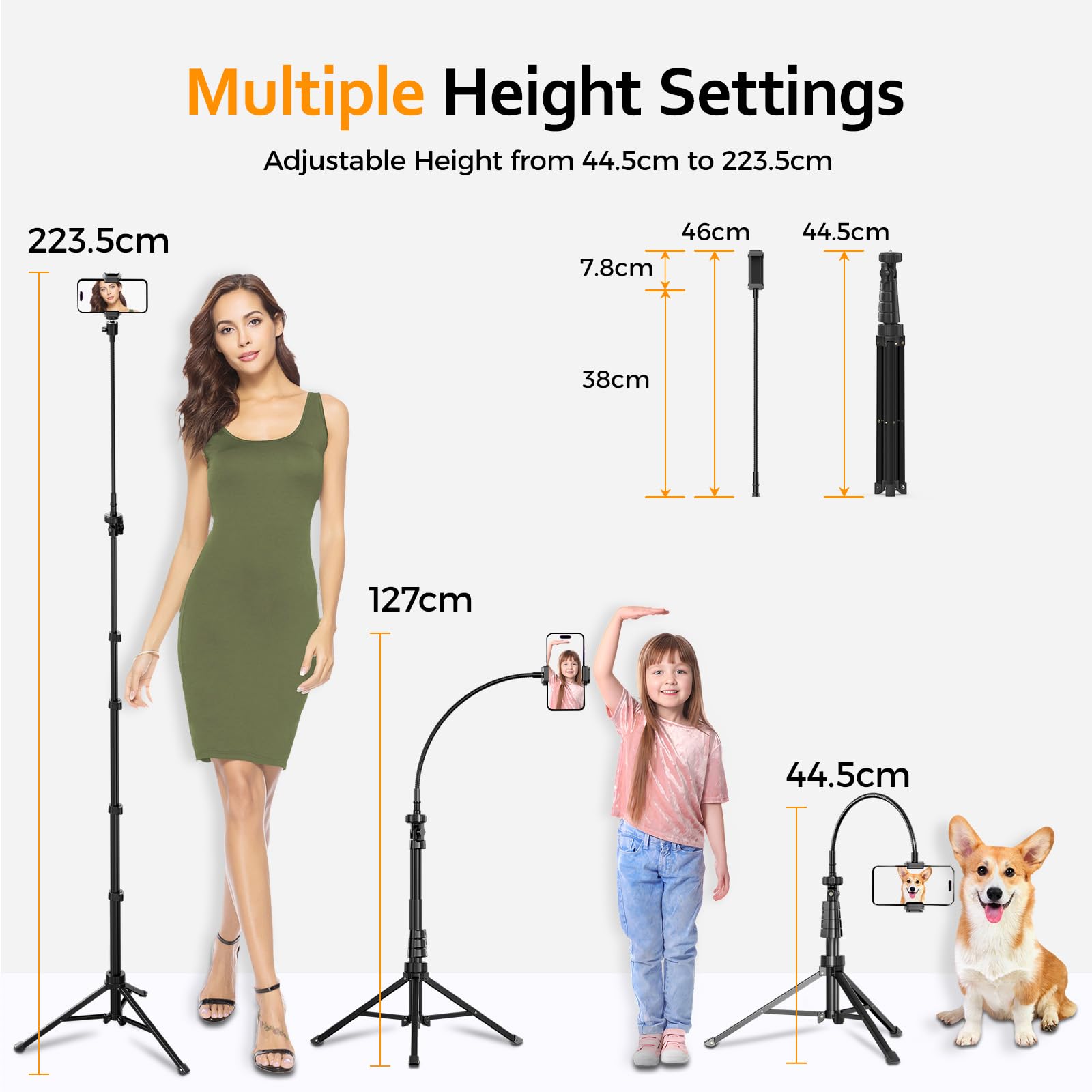 Aureday Supporto per cellulare da 88" per selfie con tubo flessibile da 14,95", telecomando Bluetooth e supporto per telefono cellulare, supporto per iPhone, telefoni Android e fotocamere