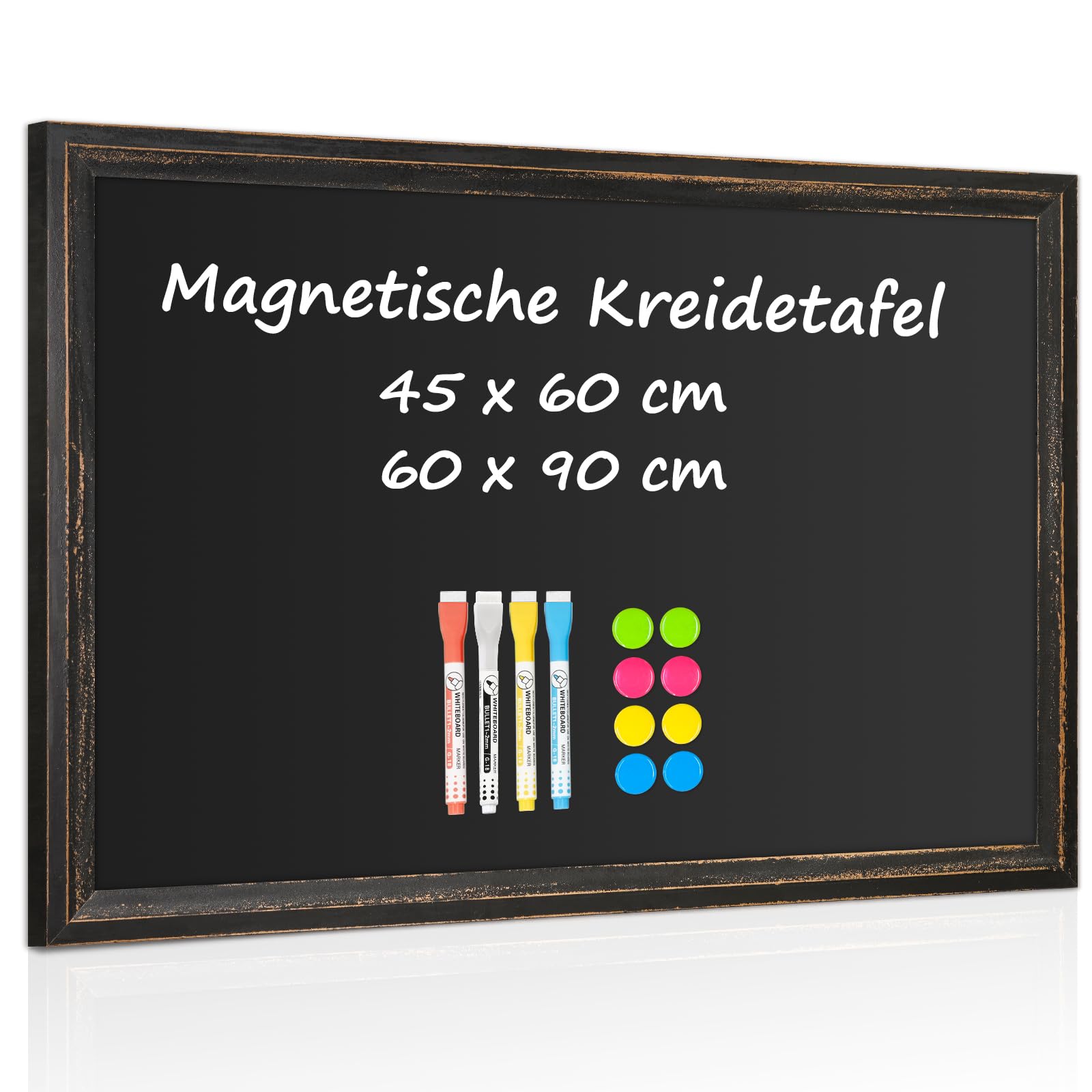 Tableau noir magnétique avec cadre en bois noir - 60 x 90 cm