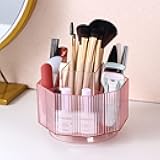 LINFIDITE 360°Rotating Makeup Brush Holder Cosmetic Display Case Clear Makeup Lip Gloss Organizer Case with 5 Slots Round Turntable Storage Tray for Vanity, Bathroom, Counter Organizer Clear Pink