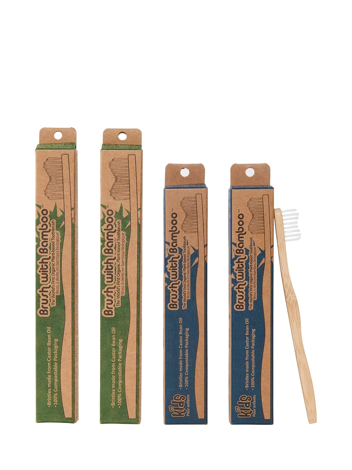 Brush with Bamboo Bamboo Toothbrush Adult/Kid Mixed Family 4-Pack