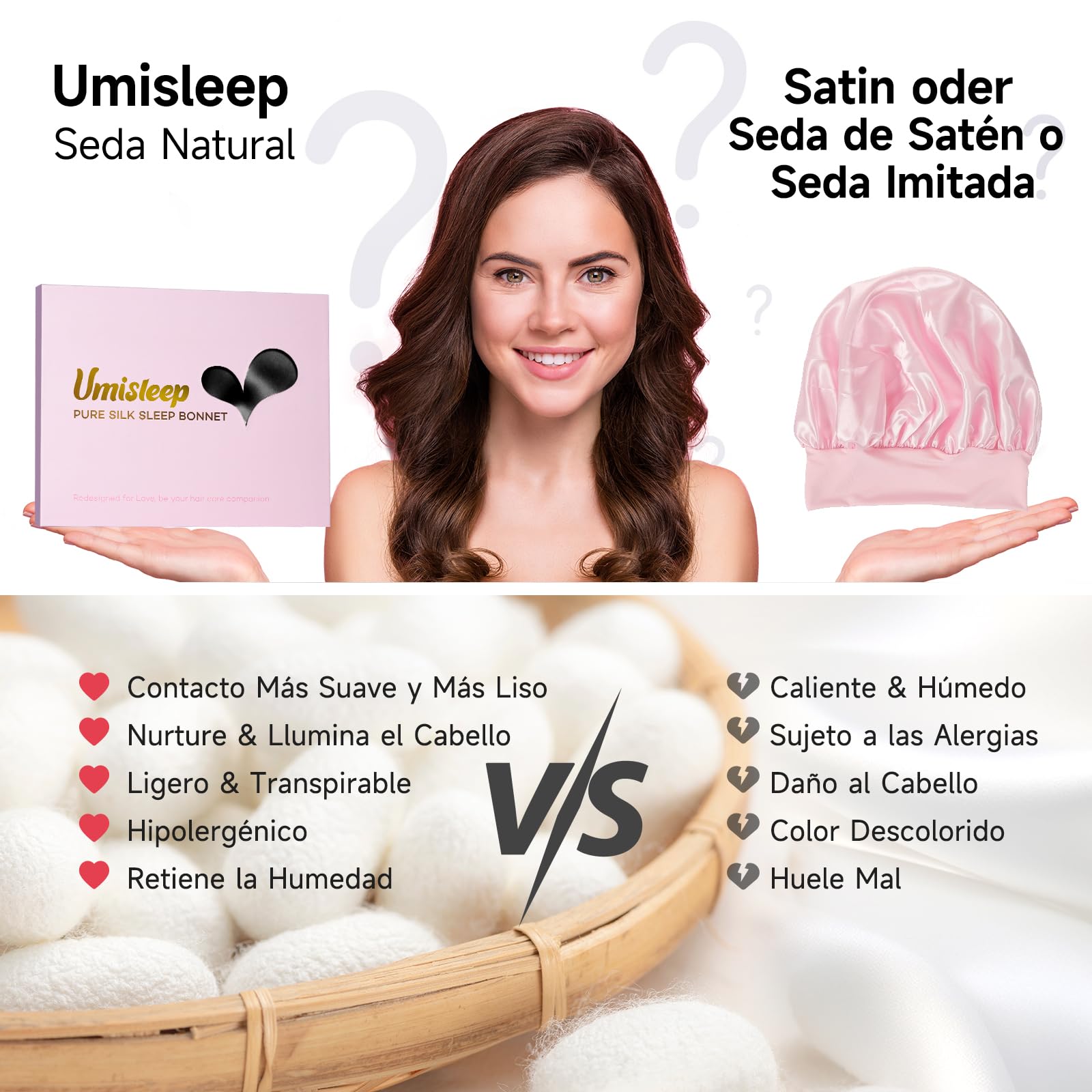 Umisleep Gorro de Seda para Dormir, 22 Mommes, Gorro Nocturno de Seda de Morera, Doble Seda Suave para Cabello Rizado, Transpirable, Banda Ancha Ajustable para Fijar en la Cabeza, Negro