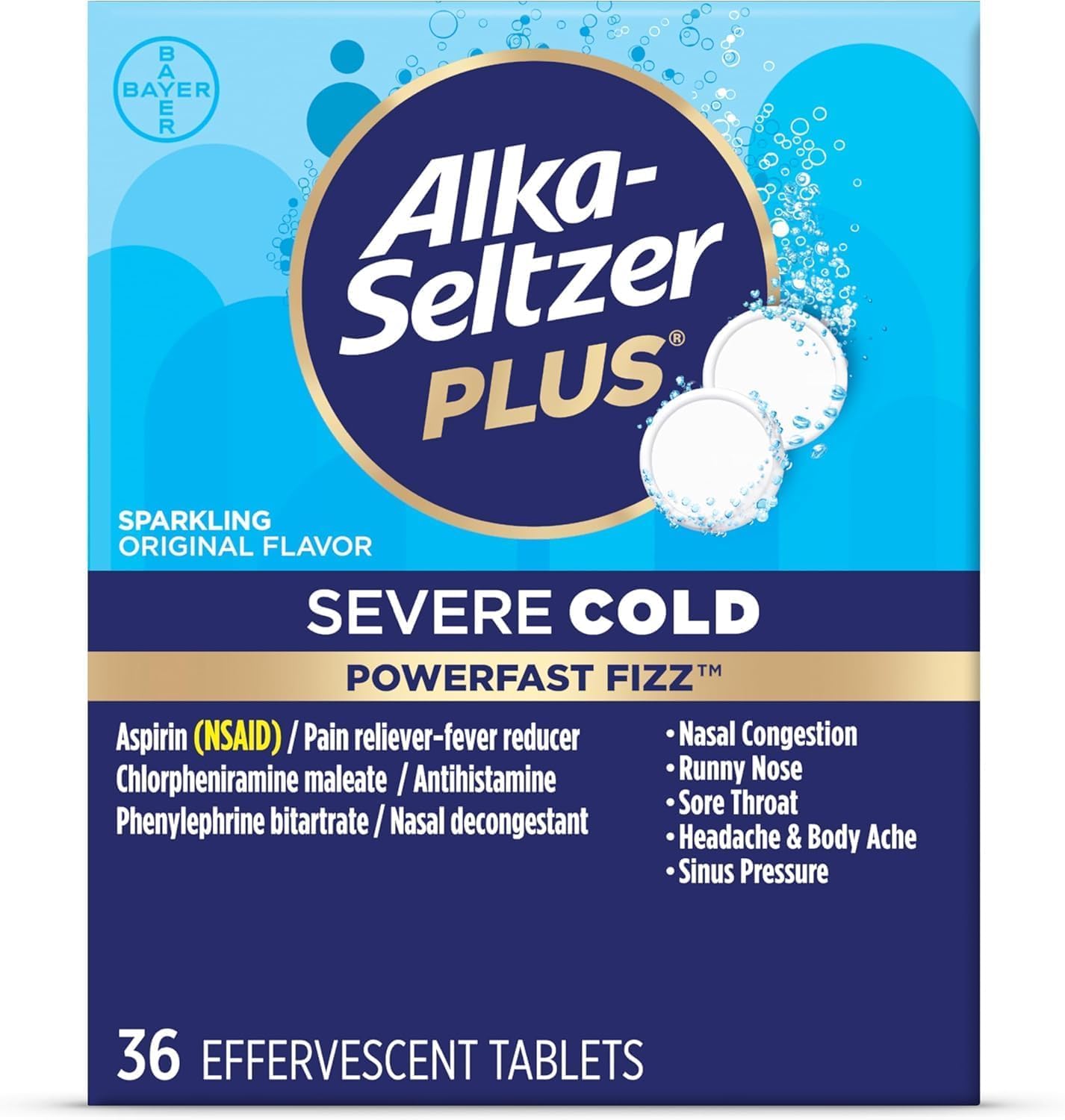 Alka-Seltzer Plus Cold Medicine, Sparkling Original Effervescent Tablets for Adults with Pain Reliever/Fever Reducer, Sparkling Original, 36 Count