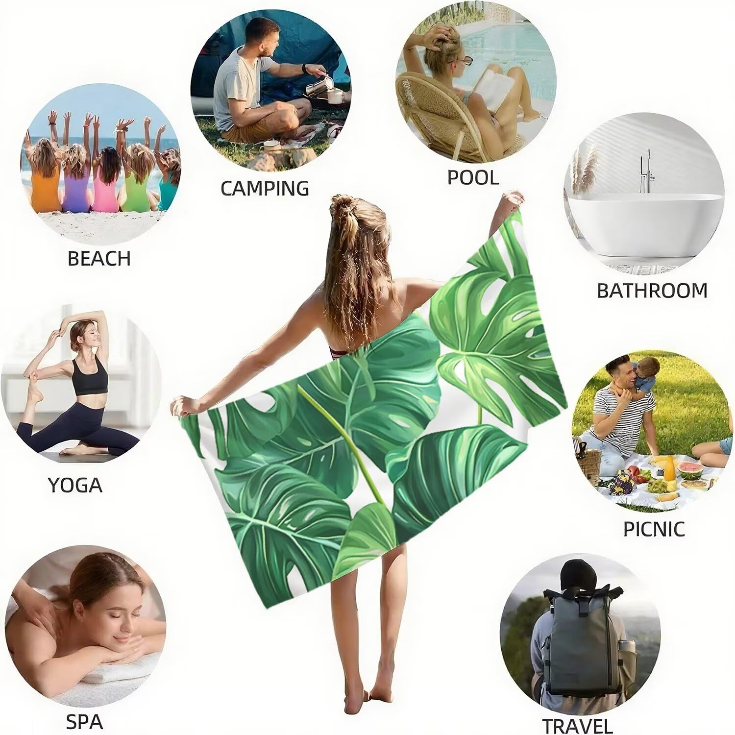 Toalla Playa Grande 160x220 Toalla Playa Microfibra, Ligera Secado Rápido, Sin Arena Portátil Toallas para Viajes, Hombre, Mujer Toallas, para Natación, Camping, Gimnasio (Verde Planta) p-488