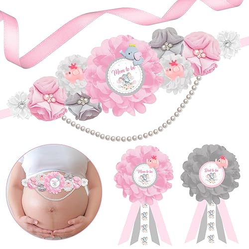 JOYMEMO Kit de fajín de maternidad de elefante rosa y gris para baby shower, cinturón de vientre de baby shower de flores y alfileres de ramillete