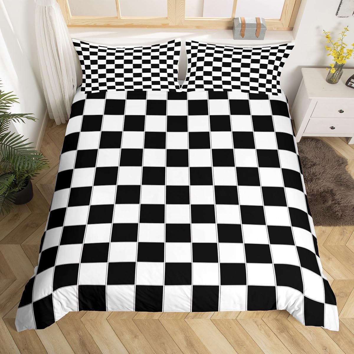 Buffalo Check Black And White Plaid Duvet Cover Set Single Kids Boys Reversible Geometric Gingham Decor Comforter Cover Farmhouse Nordic Style Grid Pattern Bedding Women Men Luxury Soft Breathable