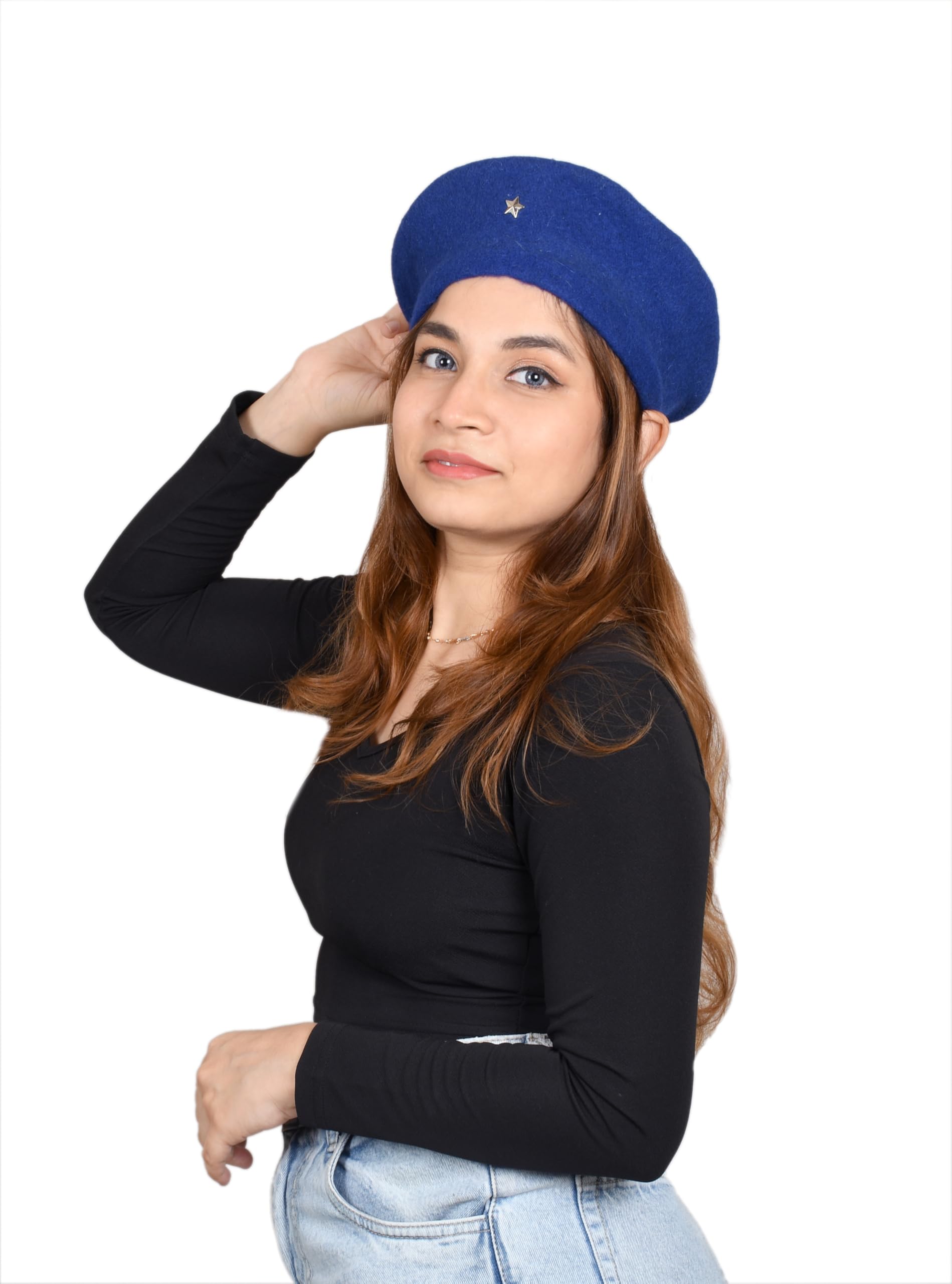 SOUL eTHICS Women's Premium Wool Blend French Artist Beret Cap - Stylish, Warm & Classic - Elegant Winter Beanie Hat for Girls & Ladies -Free Size (in, Alpha, Free Size, Blue, Star) - Image 5 thumbnail