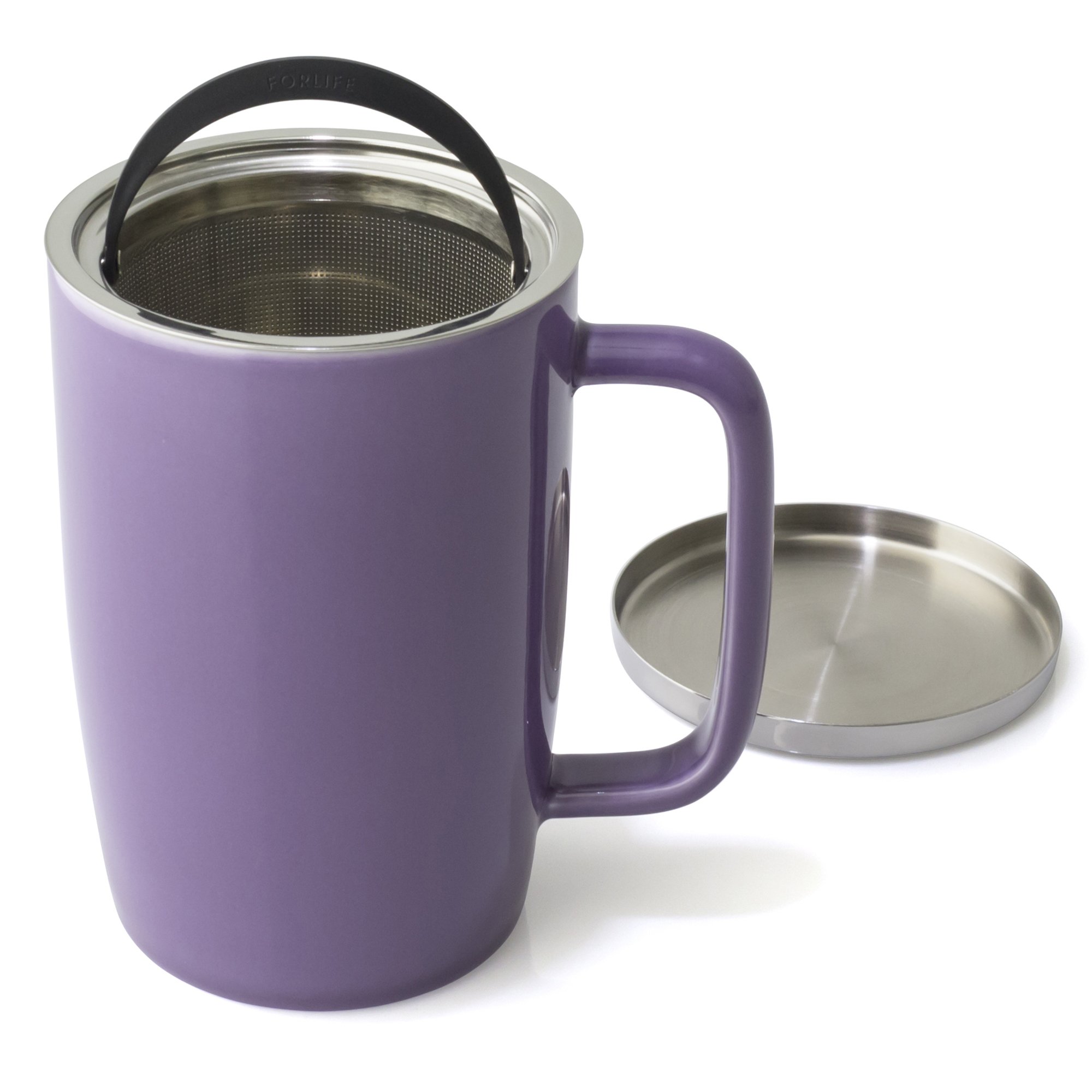 FORLIFE 610-PPL Dew Brew-in-Mug - Taza con infusor de cesta y tapa de acero inoxidable, cerámica, color morado