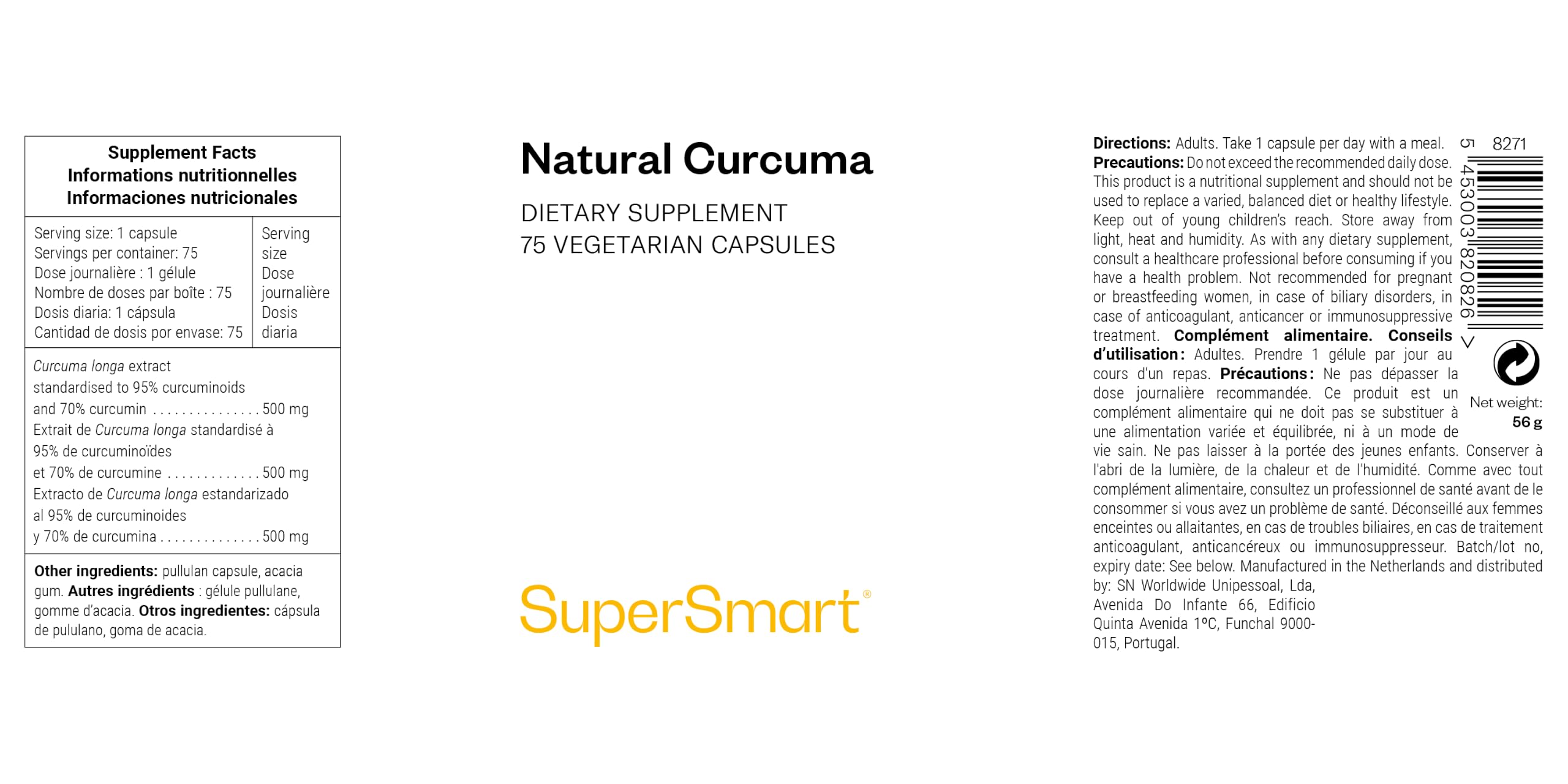 Curcuma Naturel - Puissant Antioxydant - Haute Absorption - SuperSmart | Propriétés Anti-Inflammatoire et Immunitaires - Normalisé à 95 % de curcuminoïdes - Vegan - Sans Gluten