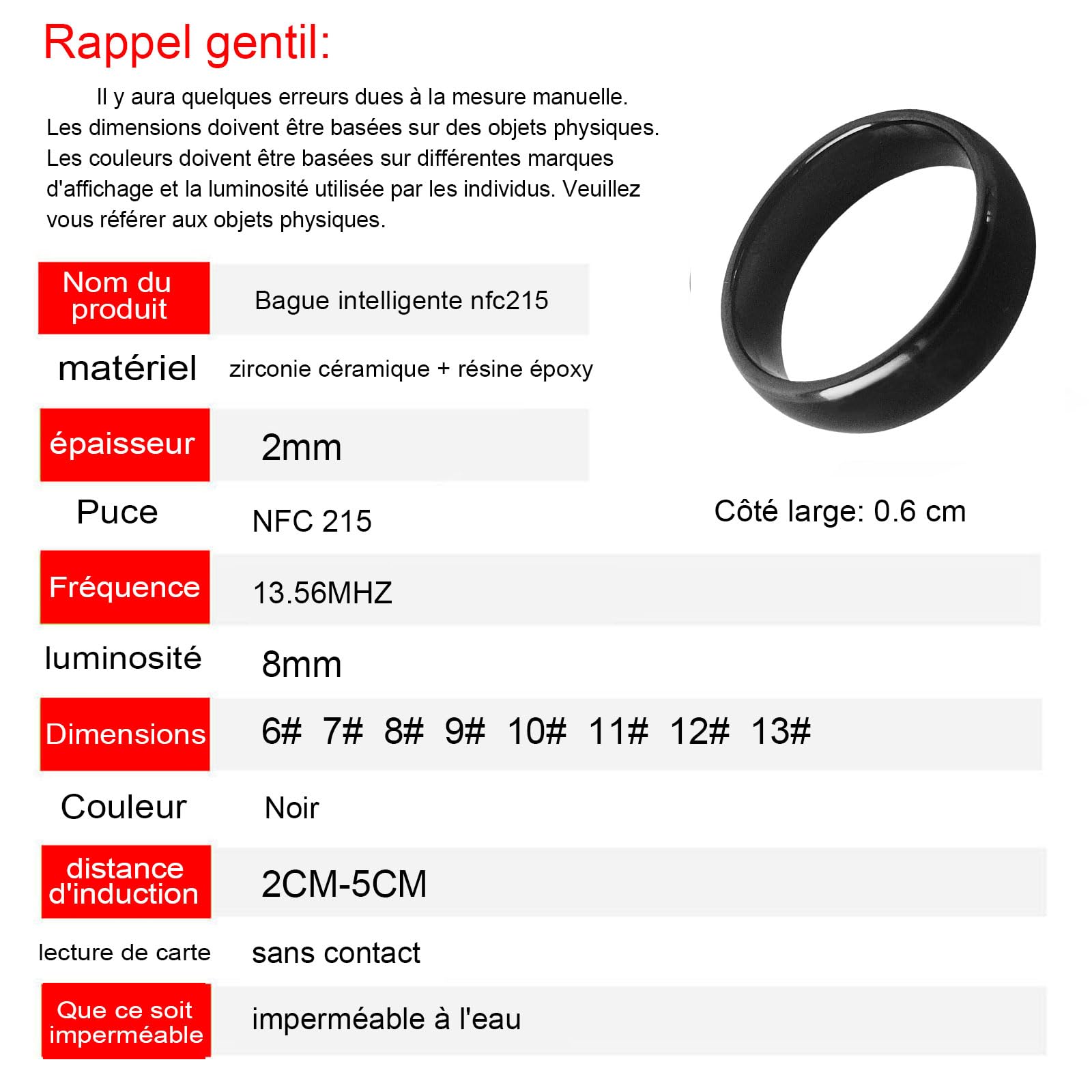 Bague en céramique NFC Forum Type 2 215 496 octets Puce pour téléphone portable D Inner 20mm
