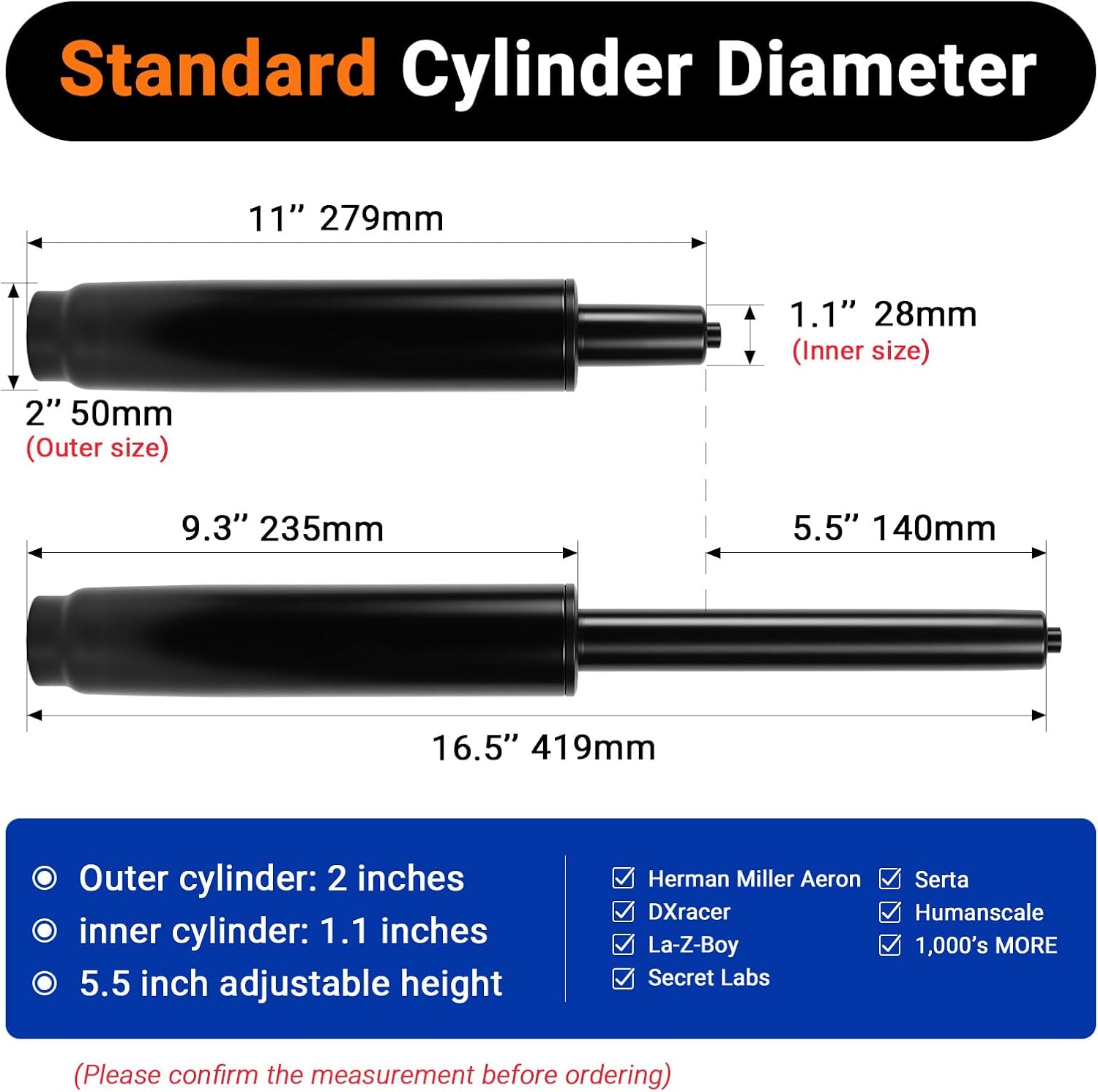 11 Inches-16.5 Inches Office Chair Gas Cylinder Replacement Kit - 5.5" Stroke Heavy Duty Hydraulic Pneumatic Piston, Universal Fit for Desk Chairs with Removal Tool, Gloves & Instruction Manual