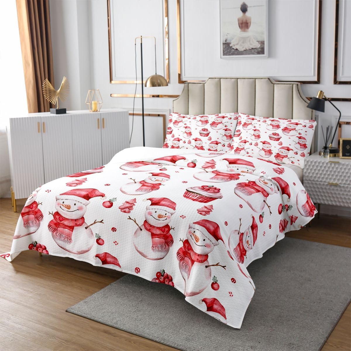 Feelyou Christmas Bedspread Quilts Cartoon Snowman Coverlet Set Queen Size for Kids Boys Girls White Quilted Coverlet for All Season with 2 Pillowcases Microfiber
