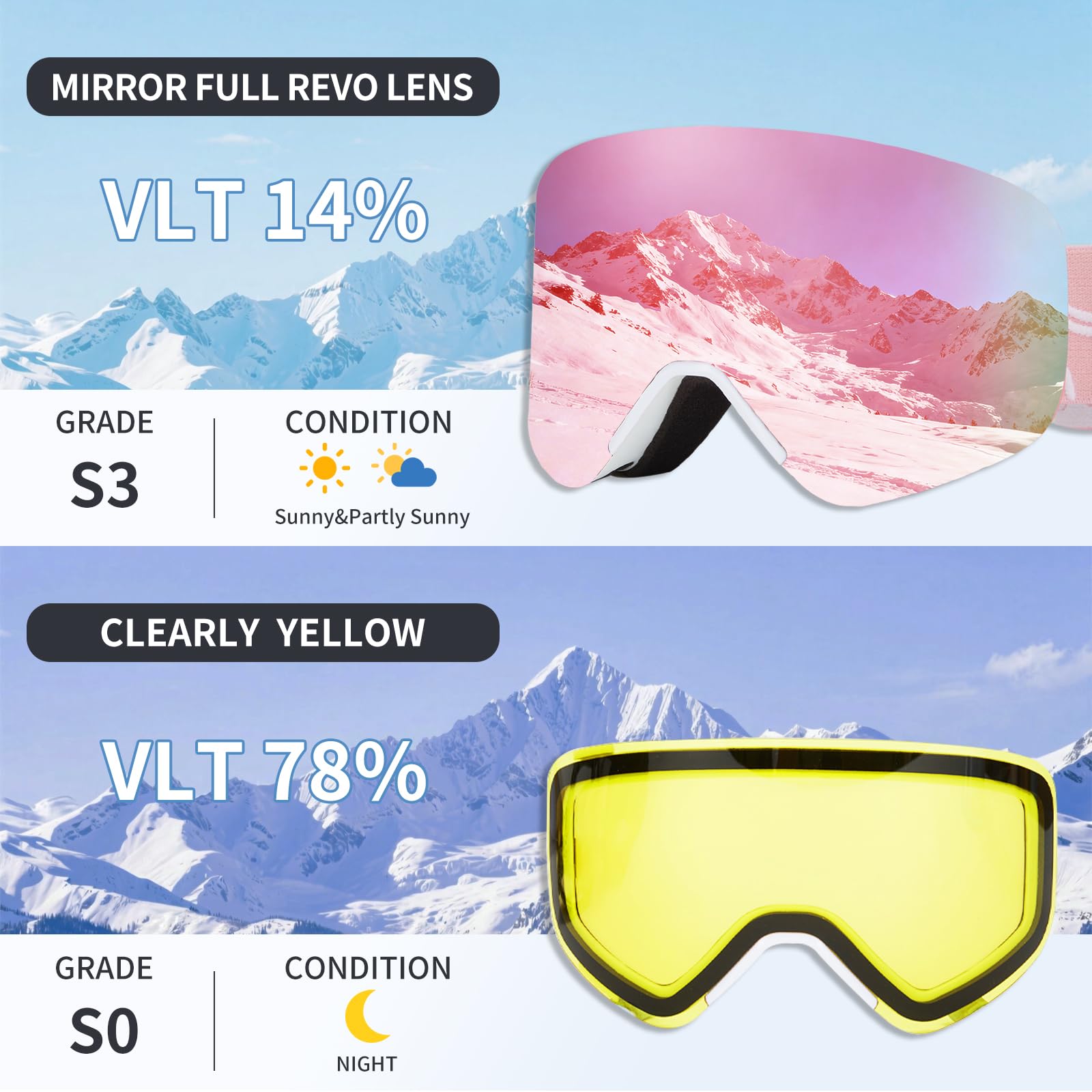 Gogle narciarskie, YH879B-2 OTG gogle narciarskie unisex regulowany rozmiar ochrona przed zaparowaniem UV snowboard lusterko śnieżne do jazdy na nartach jazda na rowerze sporty zimowe