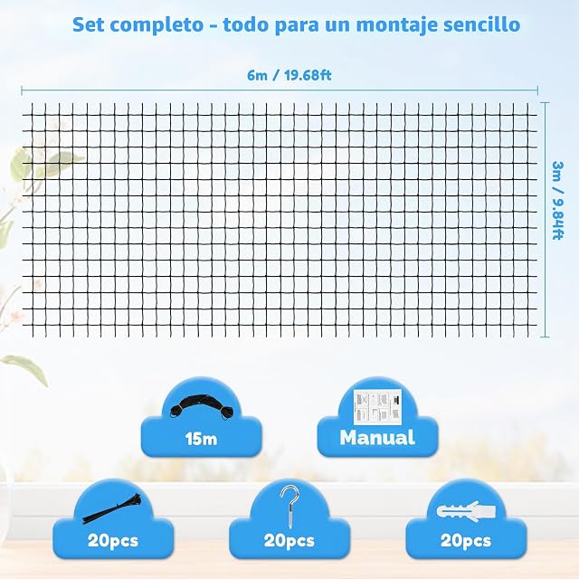Foto 5 de 7 de Red para Gatos Terraza 4×3 m,6×3m Reforzada con Cable de Acero, Sin Perforación, Antimordeduras
