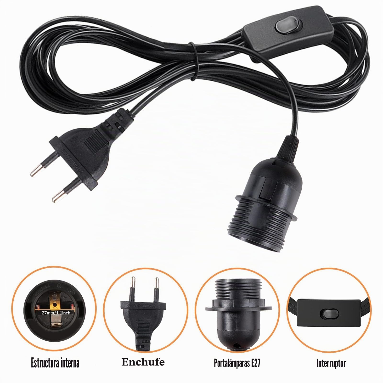 2 Piezas Portalámparas E27 con Cable Casquillo con Interruptor y Cable de 5m Portalámpara E27 con Arandela Roscada e Anillo de Rosca Porta Lampara para Candelabro Colgante