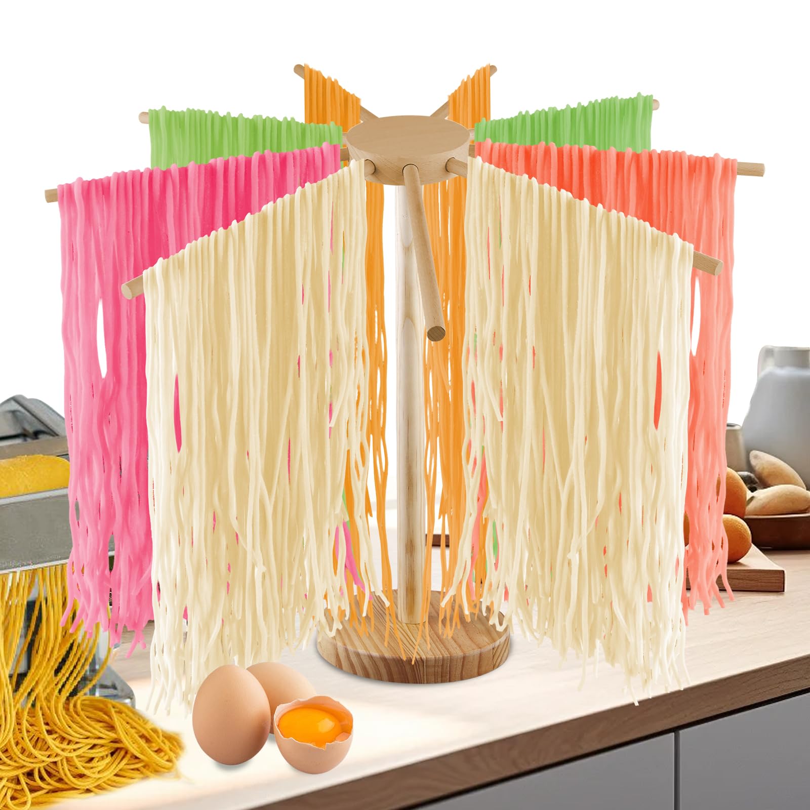 SPORWAY Essiccatore per pasta in legno: asciugabasta pieghevole in legno con 9 bracci rimovibili fino a 4,5 kg, versatile e riutilizzabile, supporto per pasta fatta in casa
