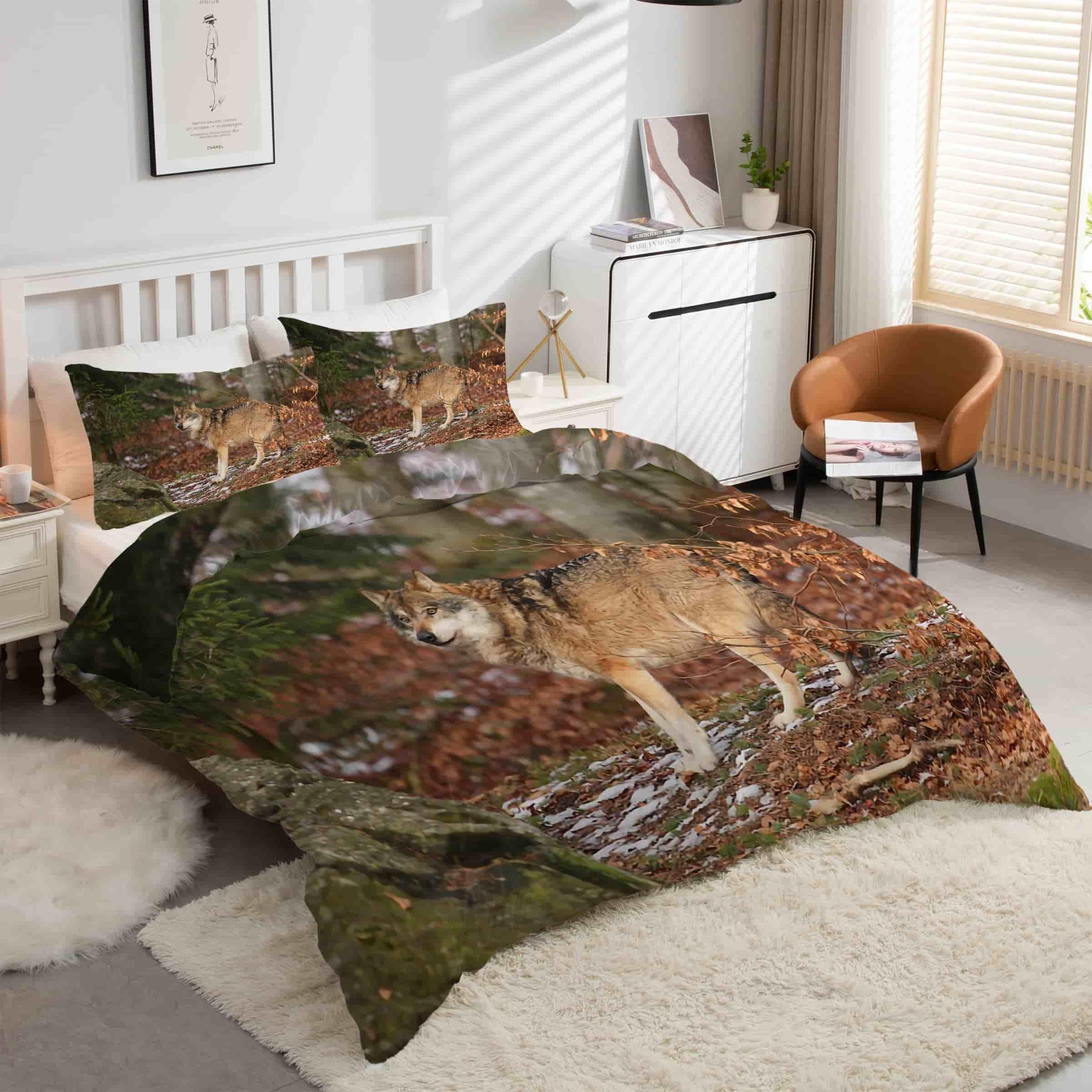 Housse de couette 160x200 loup gris parure lit animaux 3 pièces microfibre
