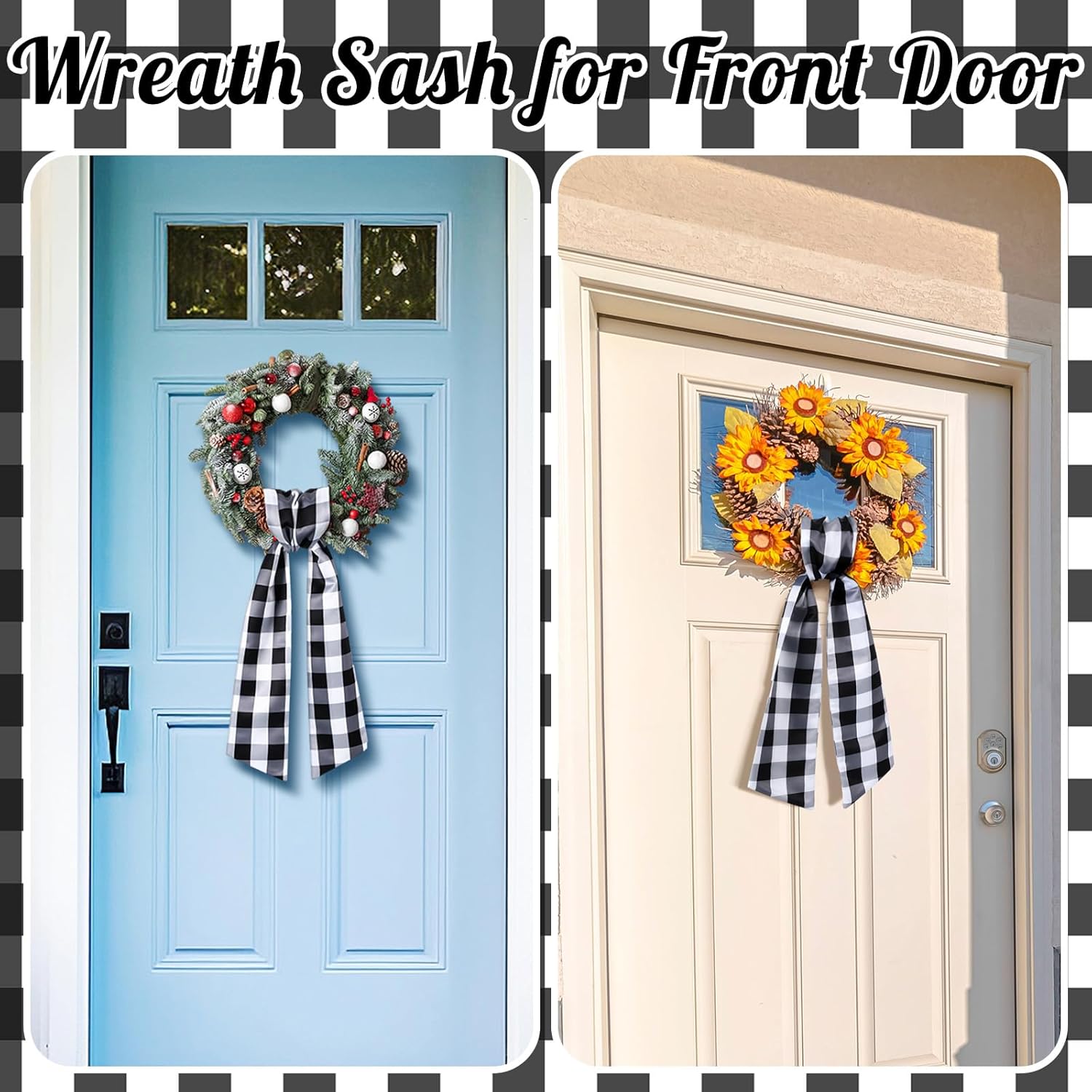 VitalCozy Wreath Sash for Front Door Wreath Satin Sash for Embroidery Monogram Garland Ribbon Accessories Xmas Party Yard Doorway Indoor Outdoor Wall(Plaid) - Image 5