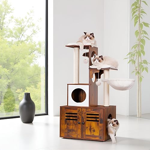 Heybly Cat Tree, Wood Litter Box Enclosure with Food Station, All-in-one Indoor Cat Furniture with Large Platform and Condo, Modern Style Cat Tower, Hammock, Rustic Brown HCT103SR