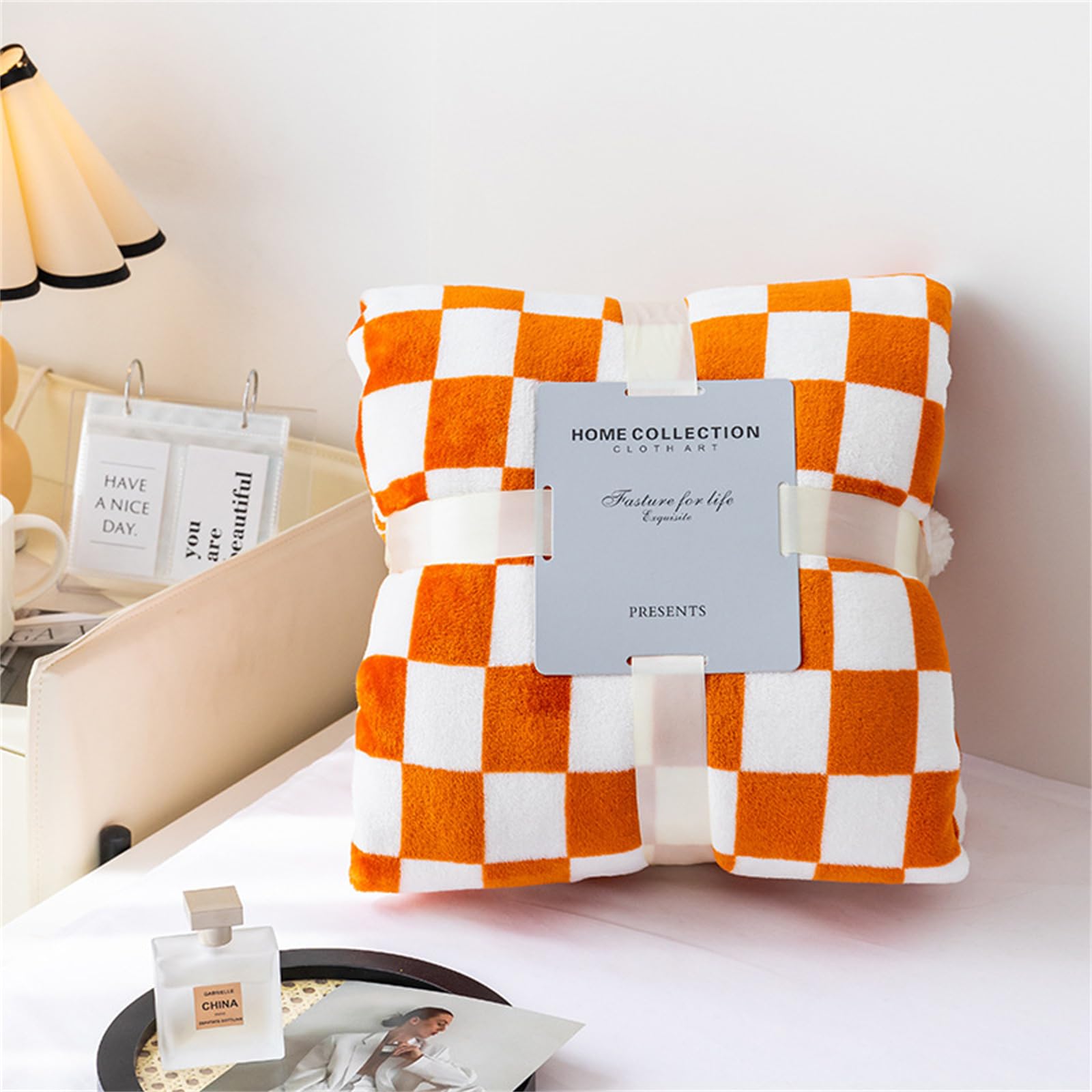 Highdi Winter Blankets and Throws for Sofa Beds, Checkerboard Soft Warm Sofa Throw Fluffy Cozy Bed Throws Fleece Throw Blanket for Kids Adults Bedroom Couch Travel (150 * 200CM,Orange)