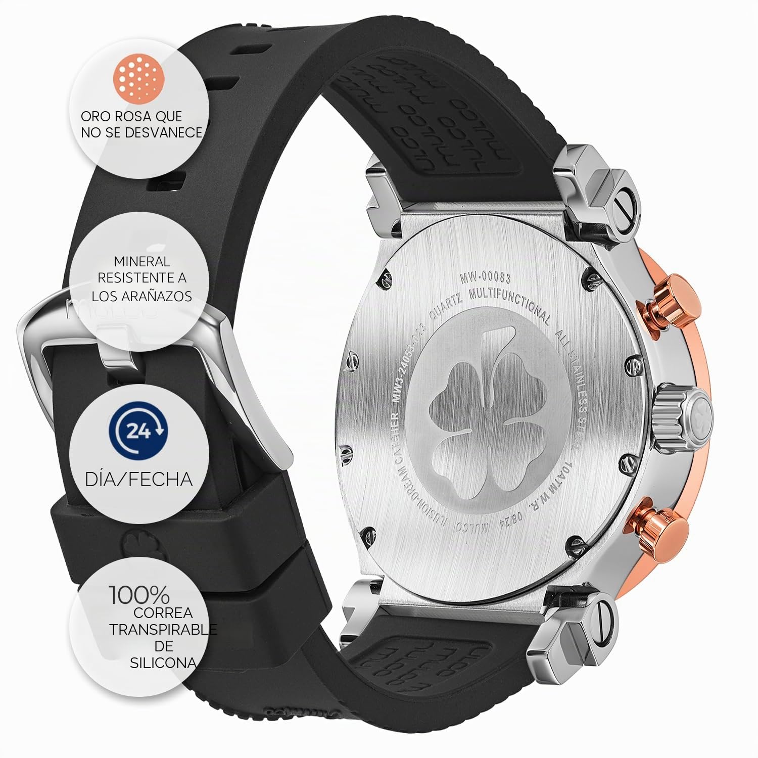 MULCO Dream Catcher - Reloj de mujer - Caja de acero inoxidable de 46 mm, movimiento analógico de cuarzo Miyota JP25, resistente al agua hasta 10 ATM, correa de silicona, multifunción, batería SR621SW