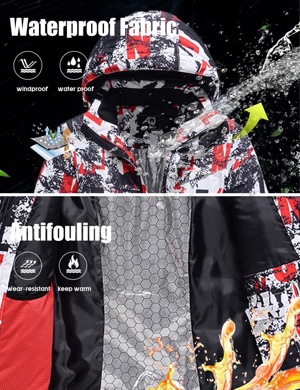 ALSOGO Combinaison de ski pour homme - 2 pièces - Colonne d'eau : 10 000 mm - Respirante - Coupe-vent - Avec capuche amovible - Pour le ski, le snowboard