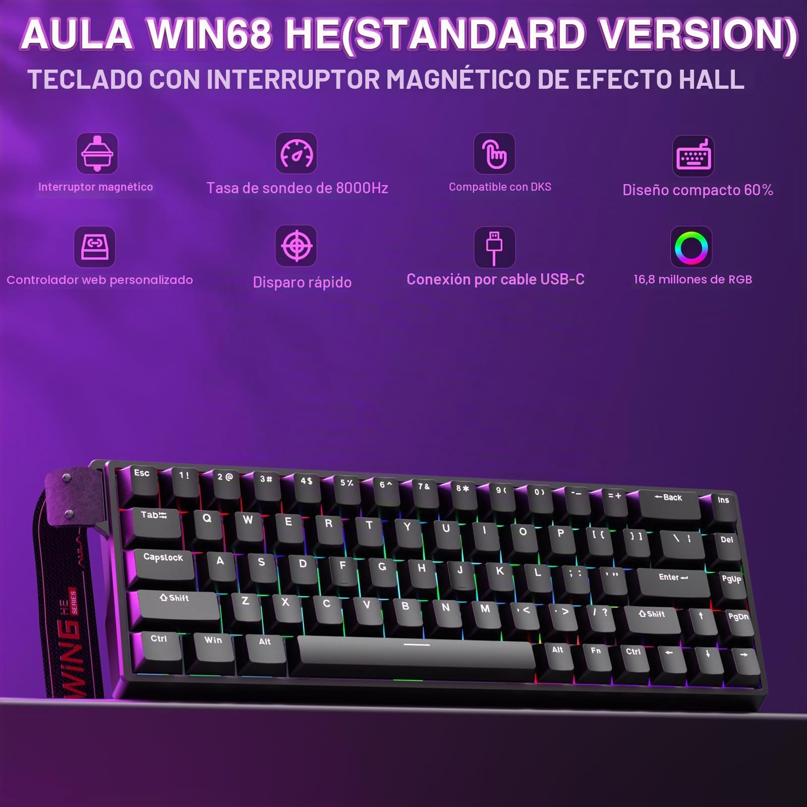 AULA WIN68 HE Teclado mecánico para juegos, interruptor magnético Hall, modo de disparo rápido, tasa de sondeo 8000 Hz, teclado con cable retroiluminado RGB
