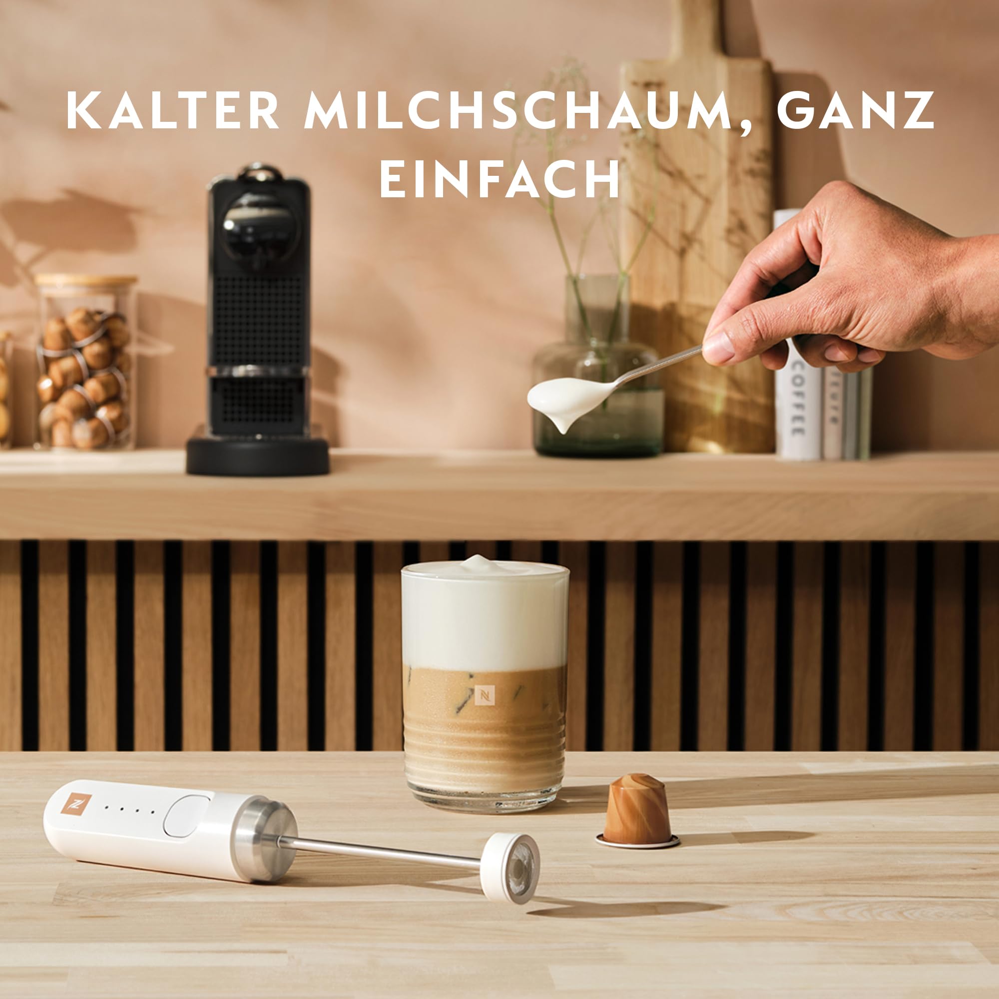 NESPRESSO NanoFoamer Stab-Milchaufschäumer Weiß | Wiederaufladbarer Stabmixer aus Edelstahl, USB‑C Akku & 2 Geschwindigkeitsstufen, für Latte, Cappuccino & Matcha
