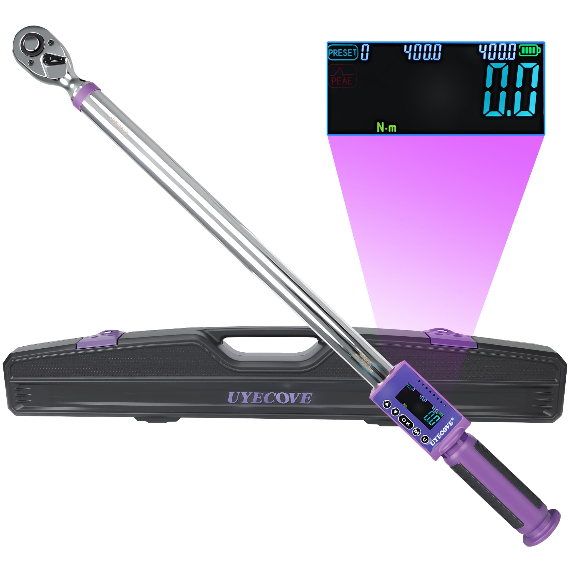 Digitaler Drehmomentschlüssel 1/2 Antrieb, 20-400Nm, ±2% Hohe Genauigkeit Digitaler Drehmomentschlüssel, mit Vibration, Buzzer und LED-Alarm