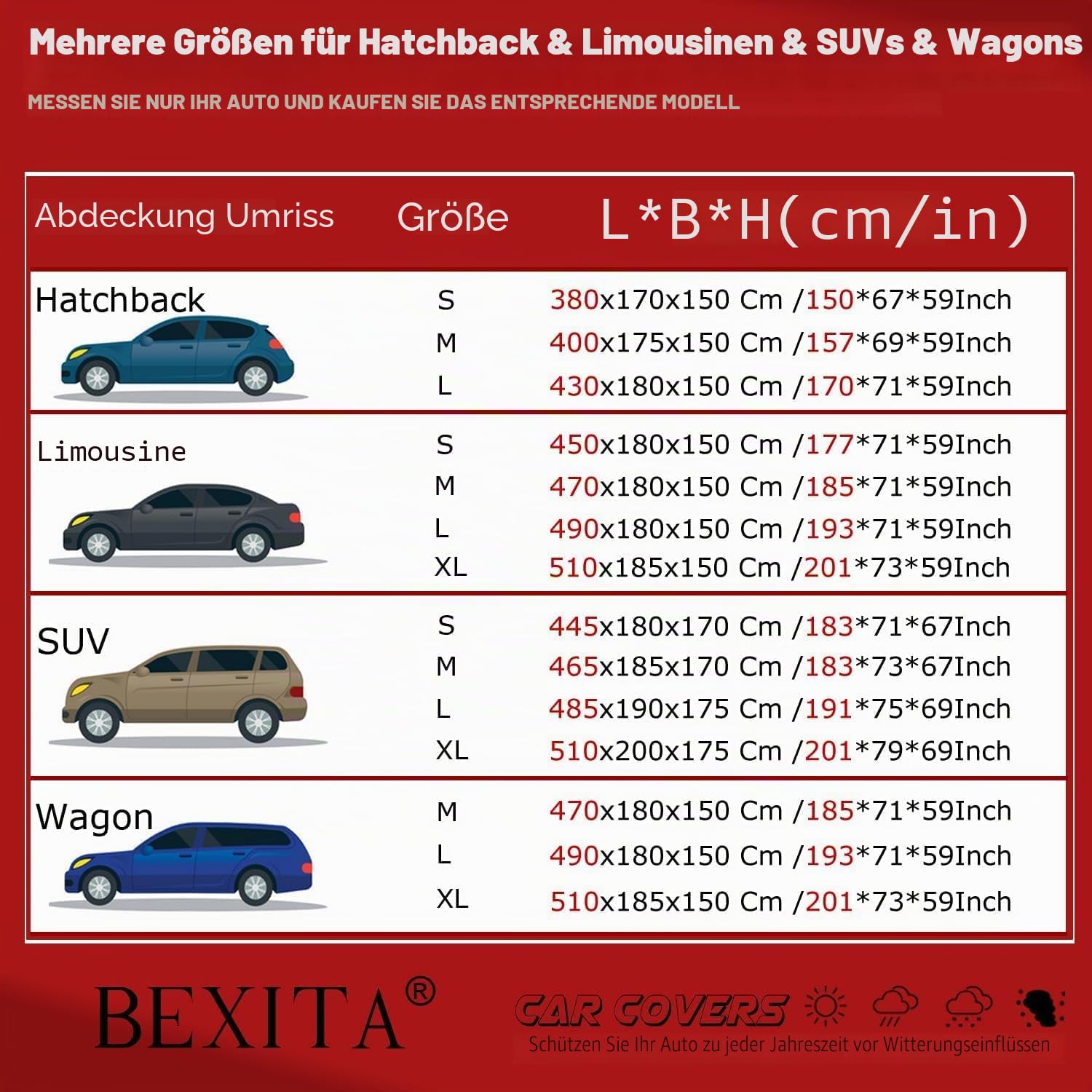 Autoabdeckung wasserdichte Autoplane für Regen Sonne Staub Schutz mit Baumwollfutter Atmungsaktiv; Schwarz Autoabdeckung für SUV; Größe L: Max485cm