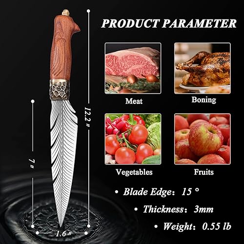 Miniatura 6 de Cuchillo de chef de plumas para ahorrar esfuerzo, juego de cuchillos vikingos de dragón, cuchillo de carnicero de acero de alto carbono con funda