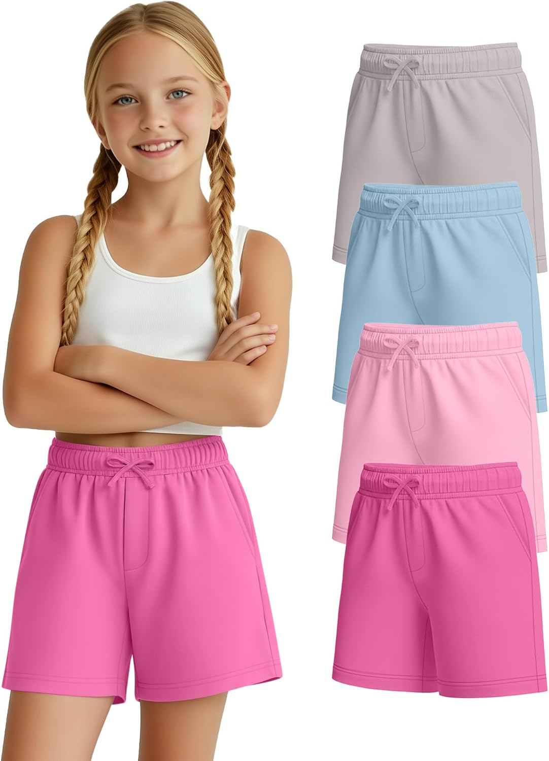 4 Pack Girls' Shorts Wide Leg Elastic Waist Athletic Shorts Kids Casual Summer Pull on SweatShorts 5-14 Years