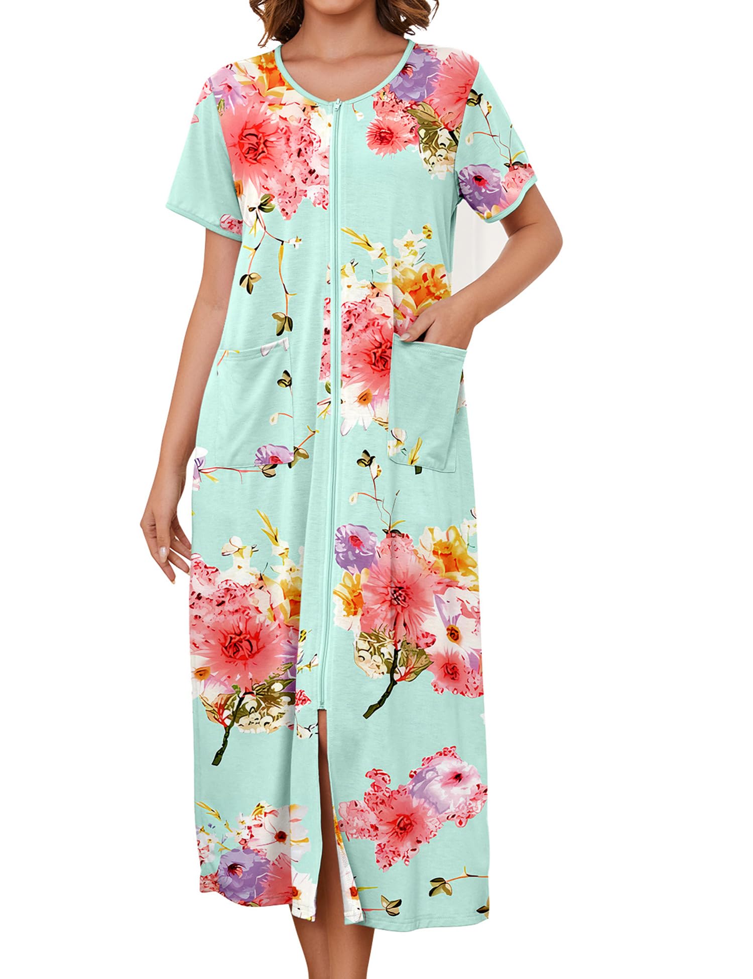 Bloggerlove House Dresses - Vestaglia da donna lunga con cerniera, a mezza manica, da notte, comoda, con stampa, abbigliamento da casa