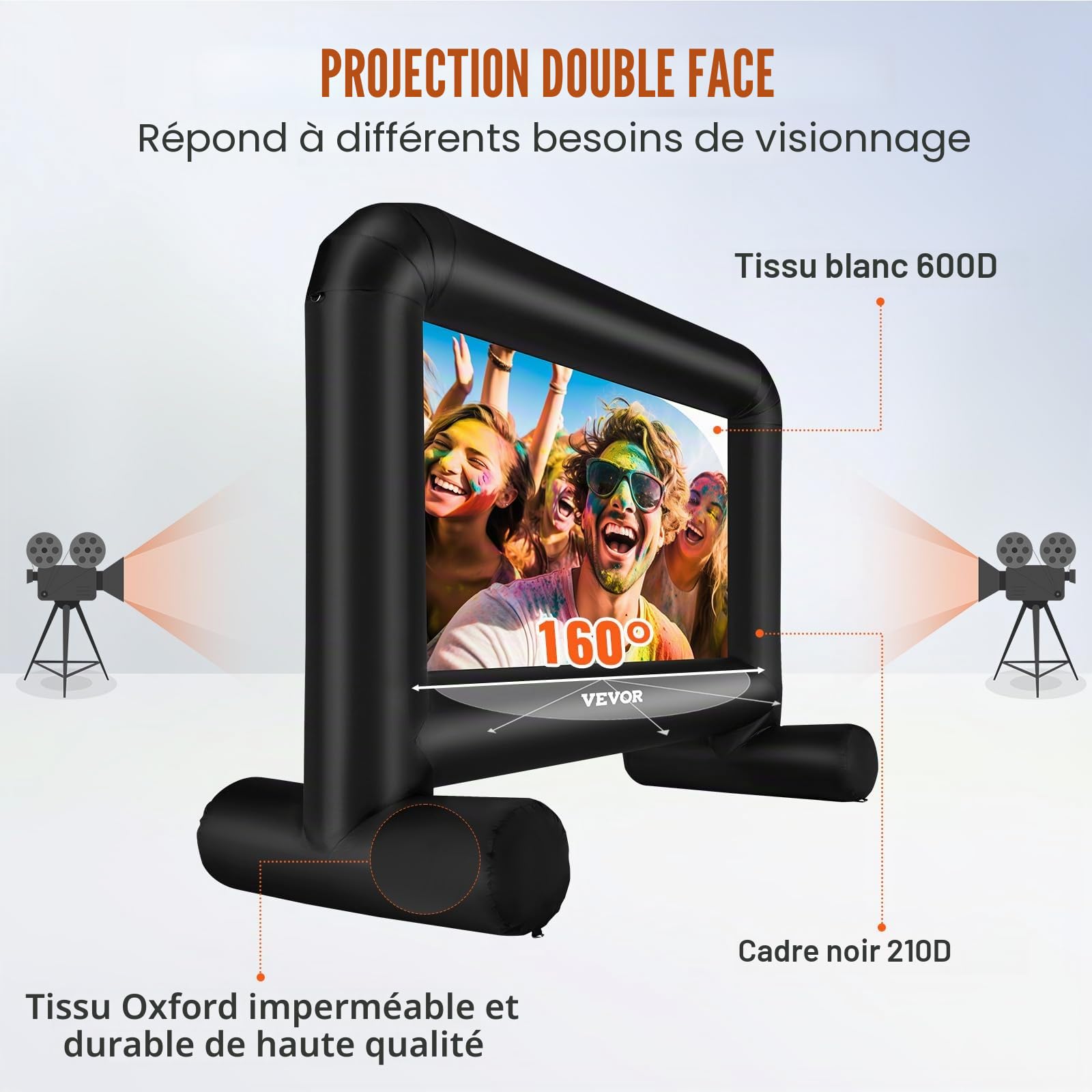 VEVOR Écran de Projection Gonflable Diagonale 14 pieds 16:9 Écran de Cinéma en Plein Air avec Ventilateur Toile 253,5x133 cm Projection Avant Arrière Fixation Stable pour Fête Soirée Camping Extérieur