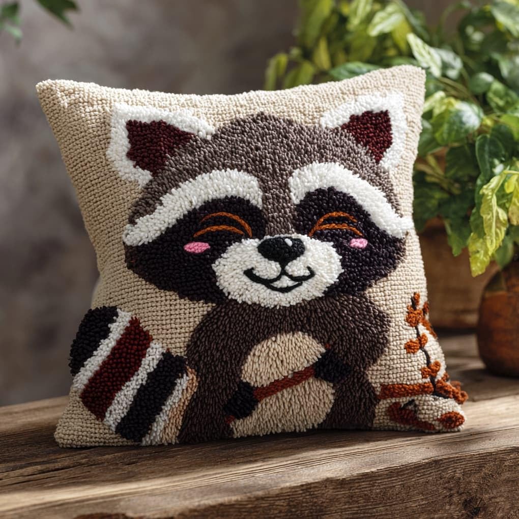 WallustrioaW Latch Hook Cushion kit 43x43cm,Smiling Raccoon